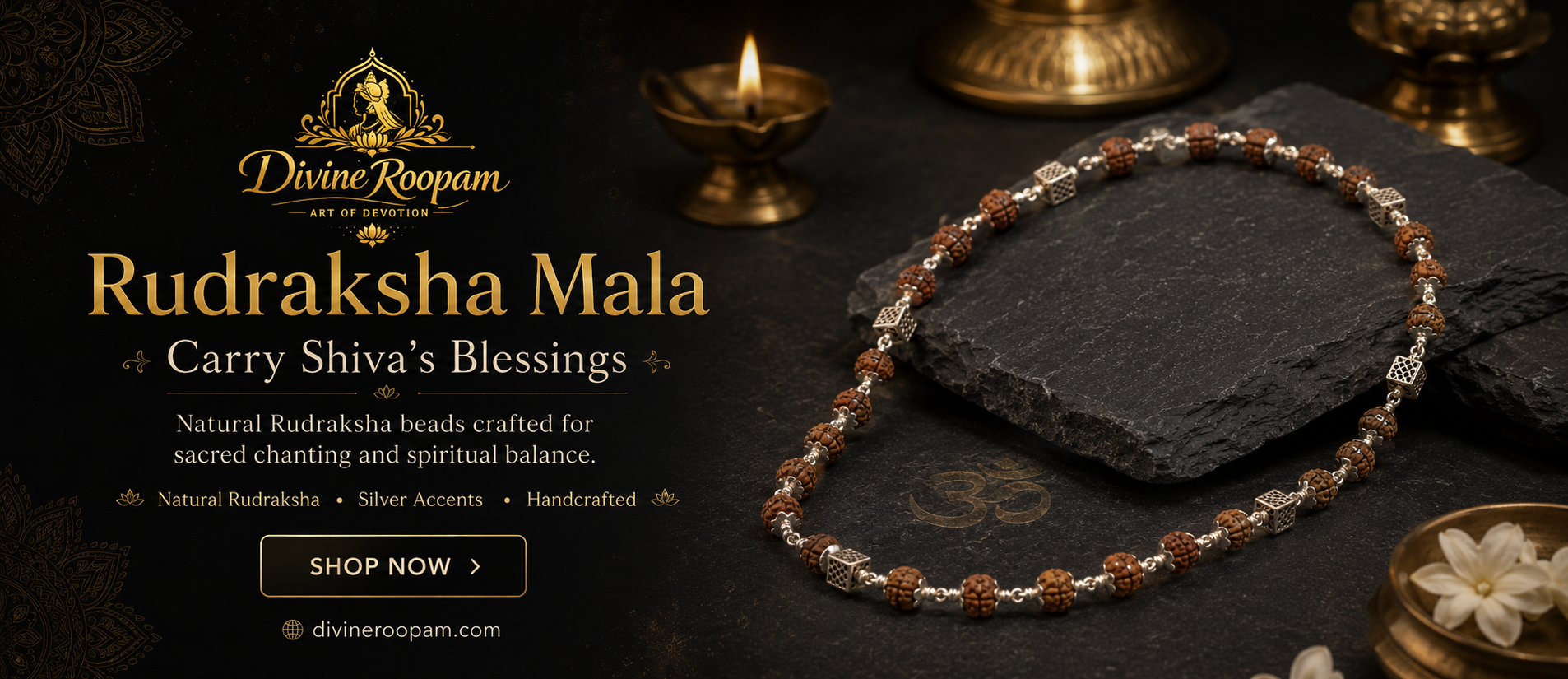 Rudraksha mala with 925 sterling silver beads arranged in a premium spiritual setting