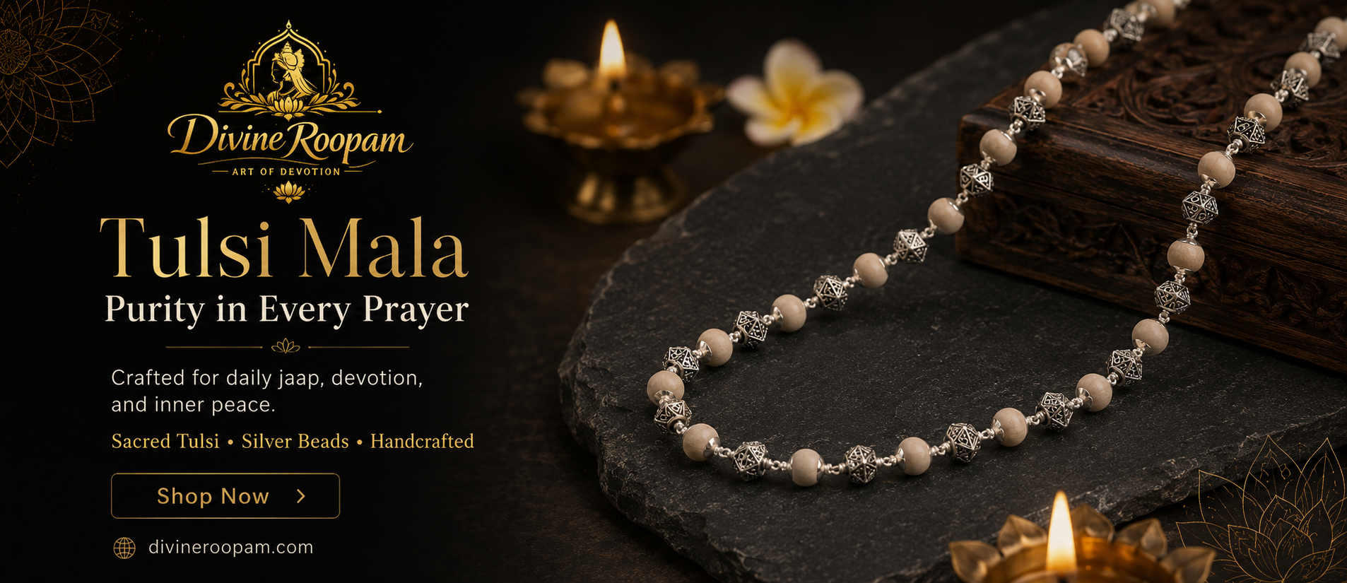 Tulsi mala with handcrafted 925 sterling silver beads displayed on a dark stone surface