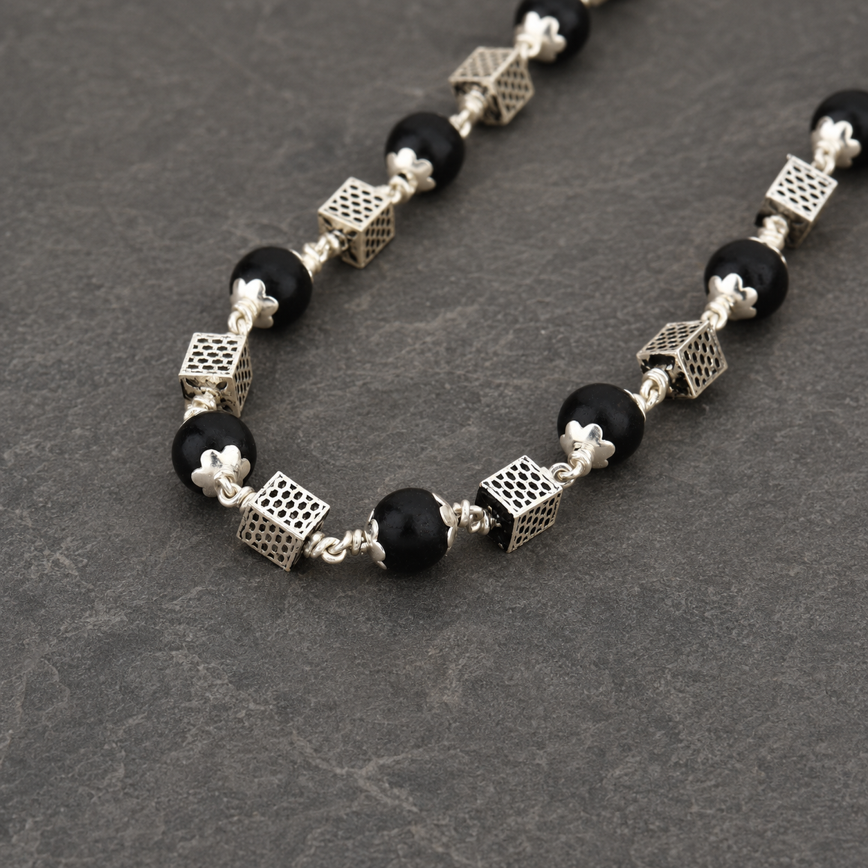 Karungali Mala with 925 Silver Square Beads