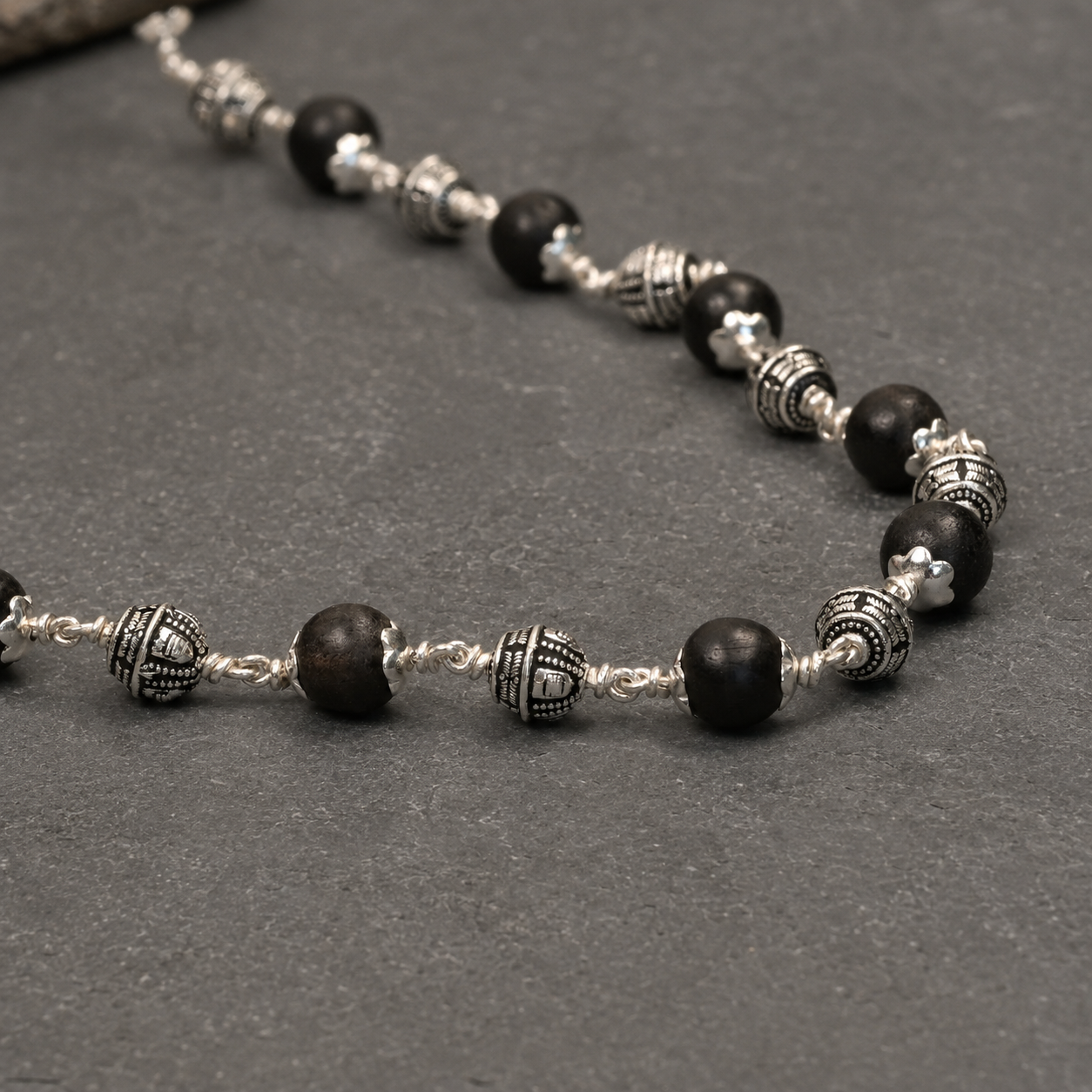 Karungali Shivling Beads Mala in 925 Silver