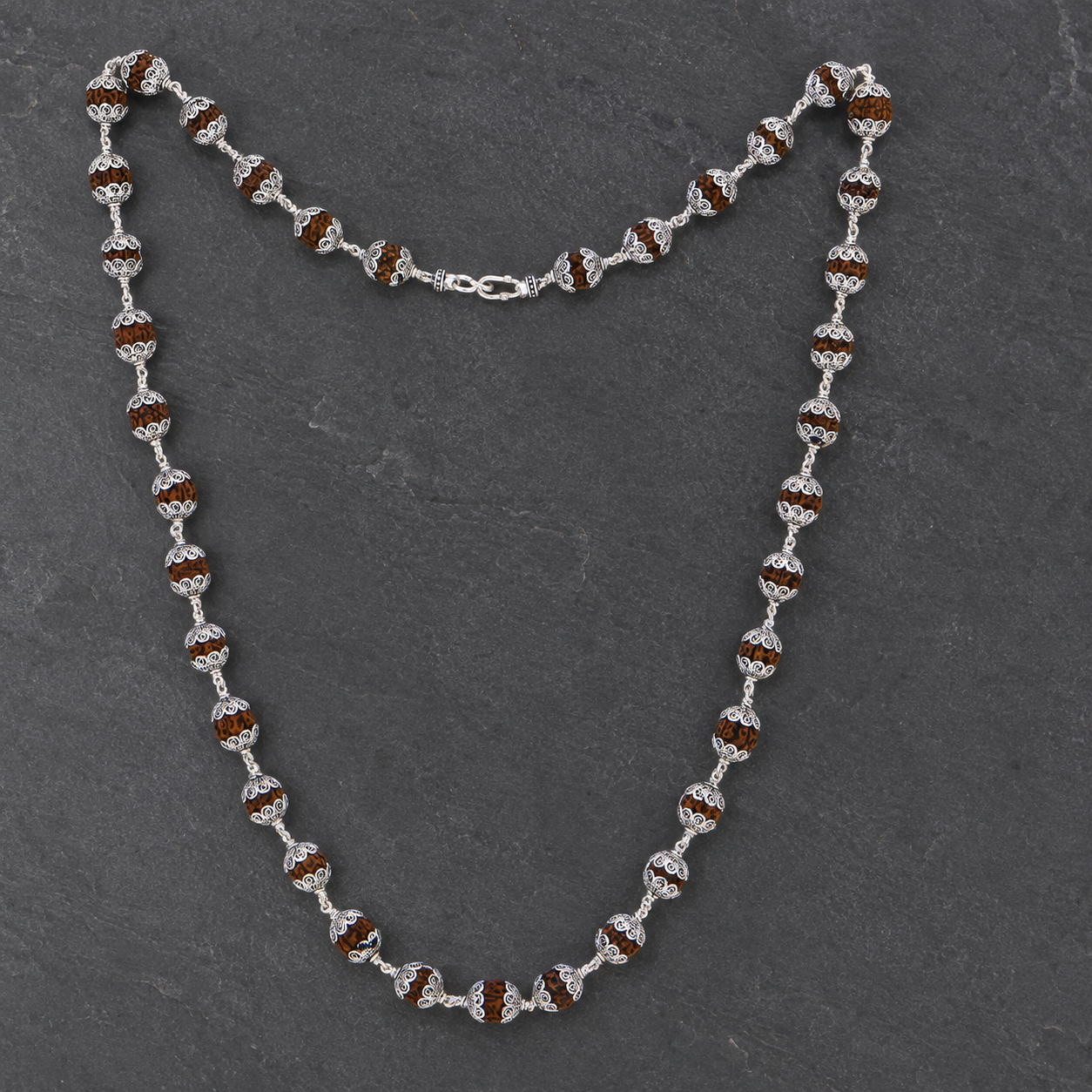 24-inch Rudraksha Mala with detailed 925 silver Om caps