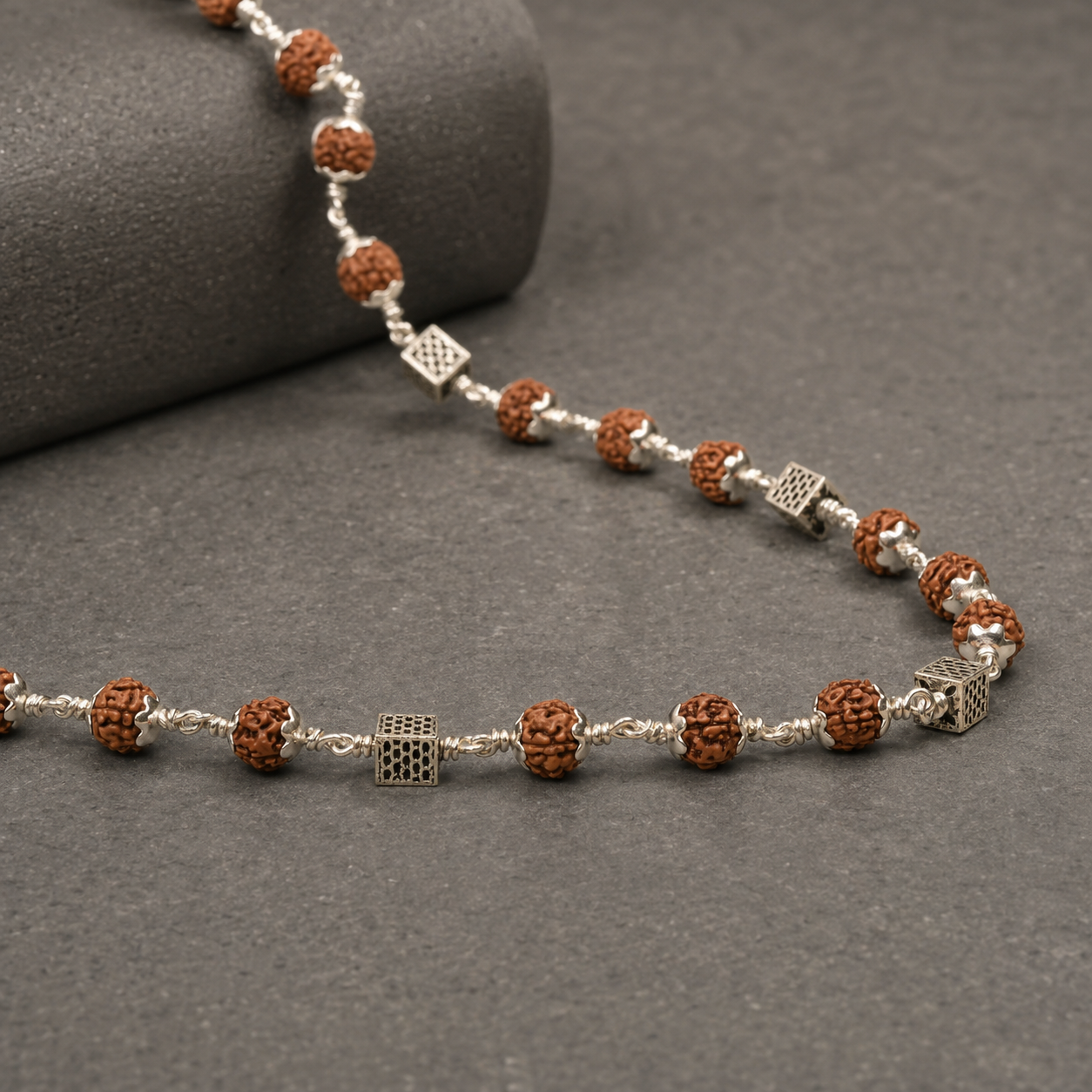 24 inch Rudraksha Mala with geometric silver detailing