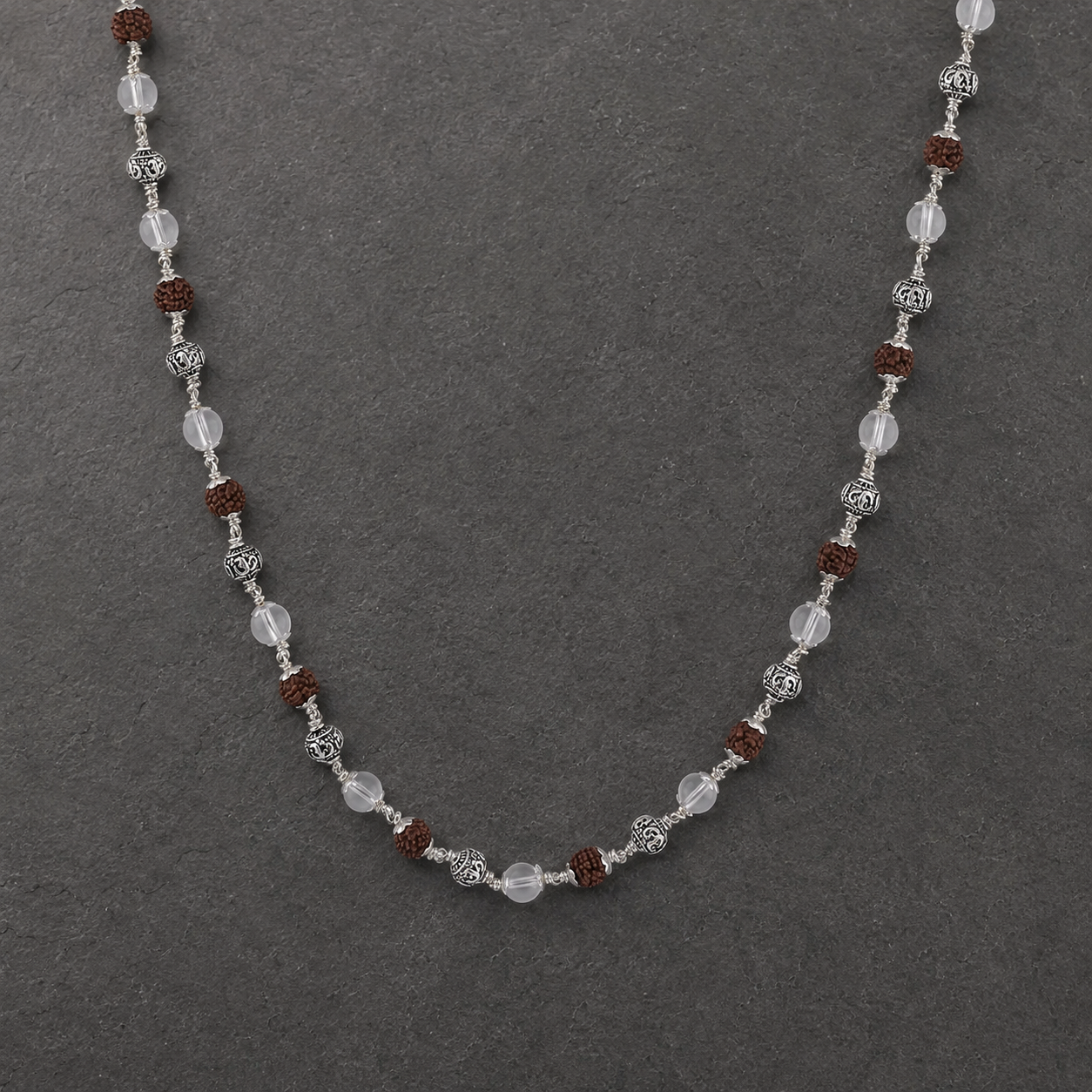 28 inch Rudraksha crystal Mala craftsmanship angle
