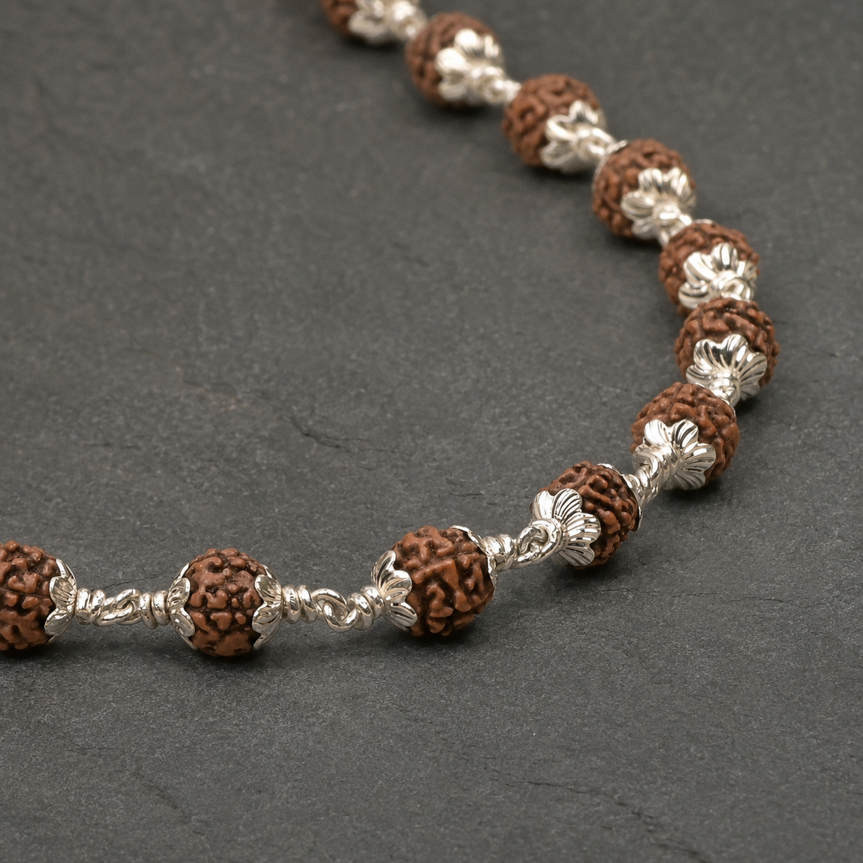 54-bead 925 silver Rudraksha Mala craftsmanship angle