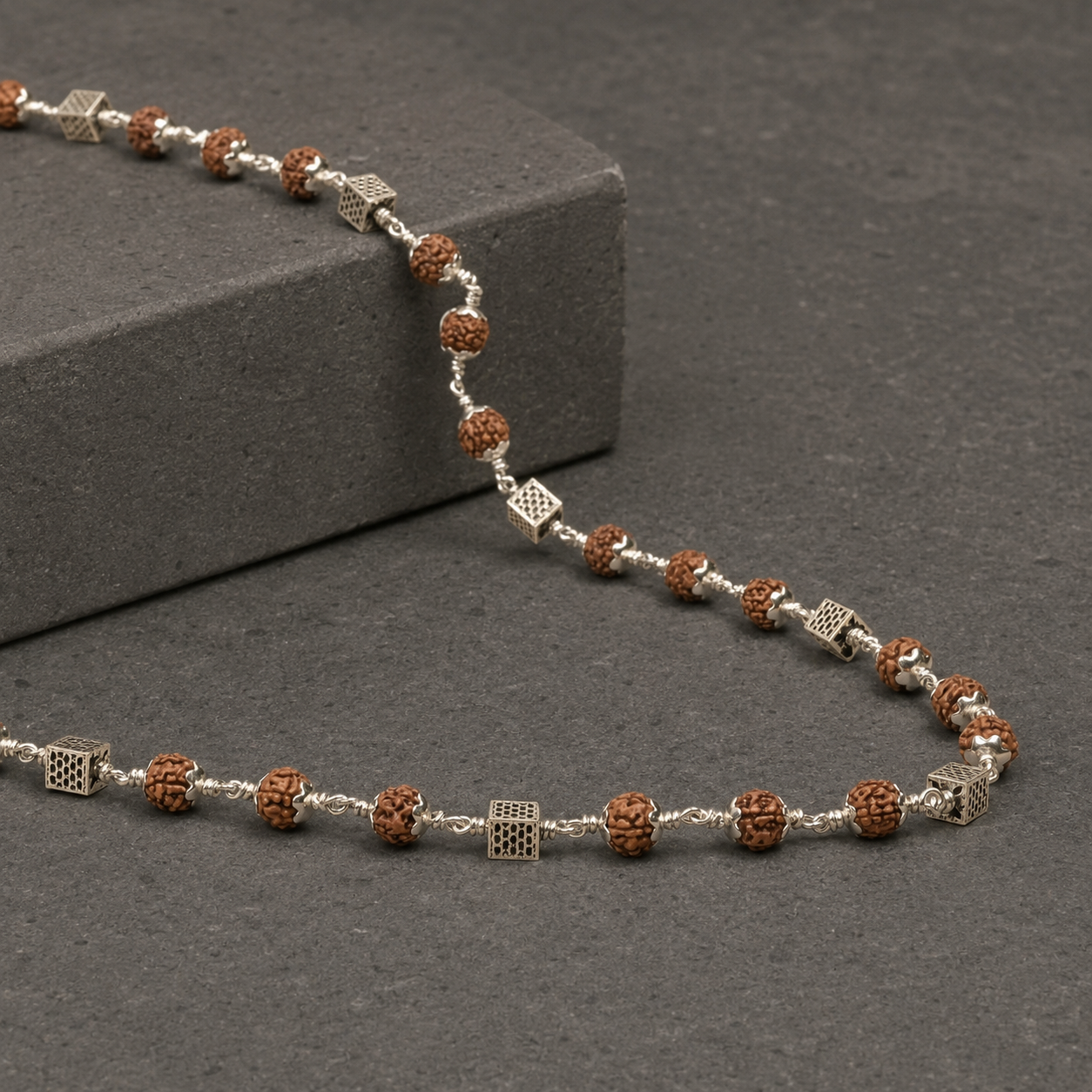 5 Mukhi Rudraksha Mala with 925 Silver Square Beads