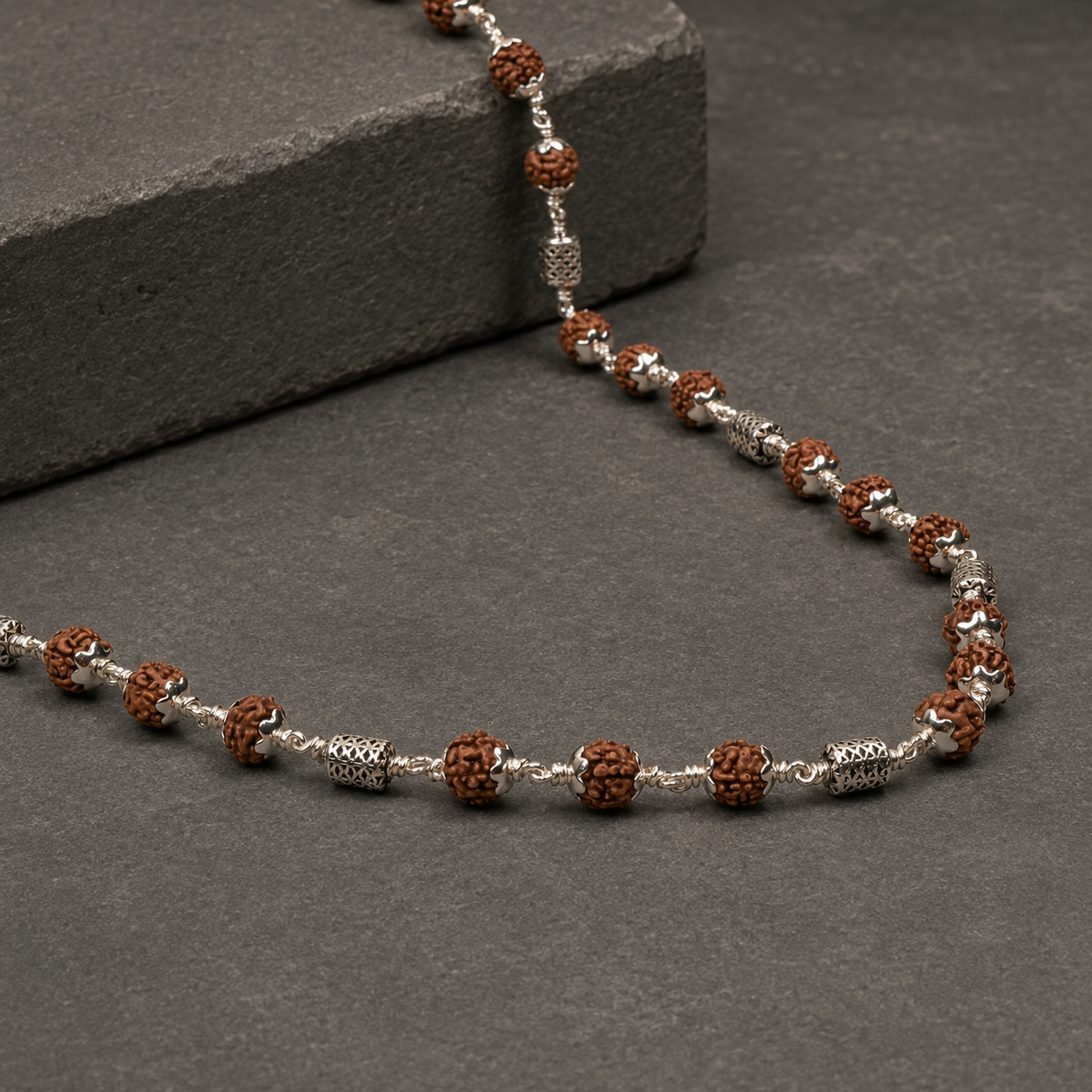 5 Mukhi Rudraksha Mala with 925 Silver Filigree Beads