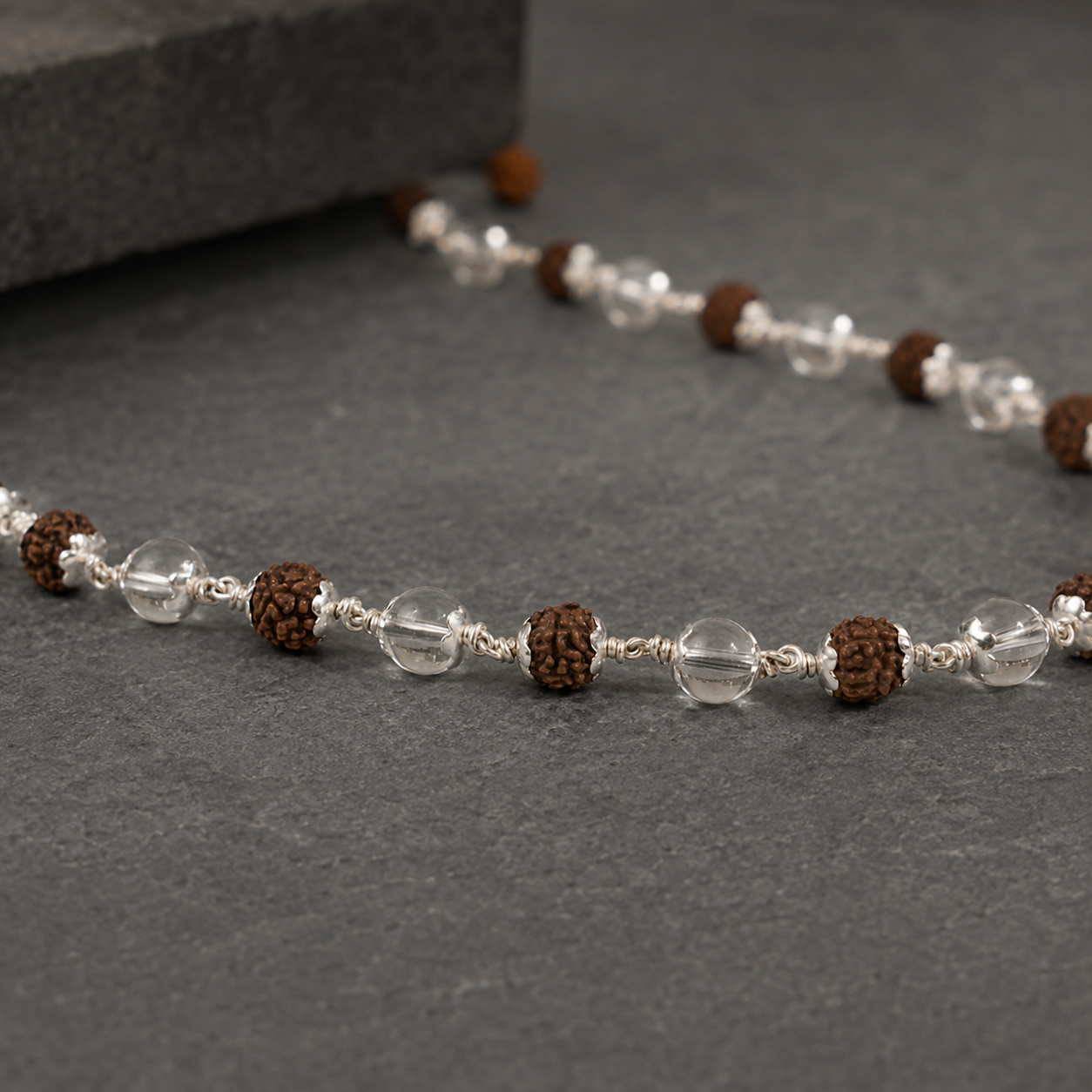 5 Mukhi Rudraksha Sphatik Mala with 925 silver