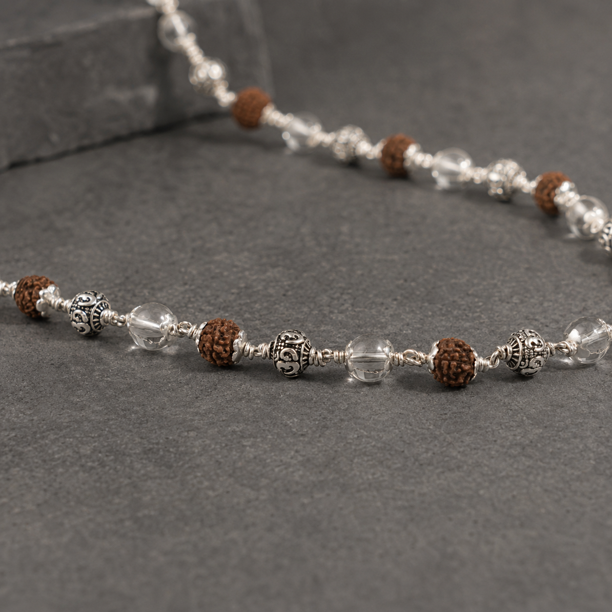5 Mukhi Rudraksha Sphatik Mala with 925 Silver Om Beads