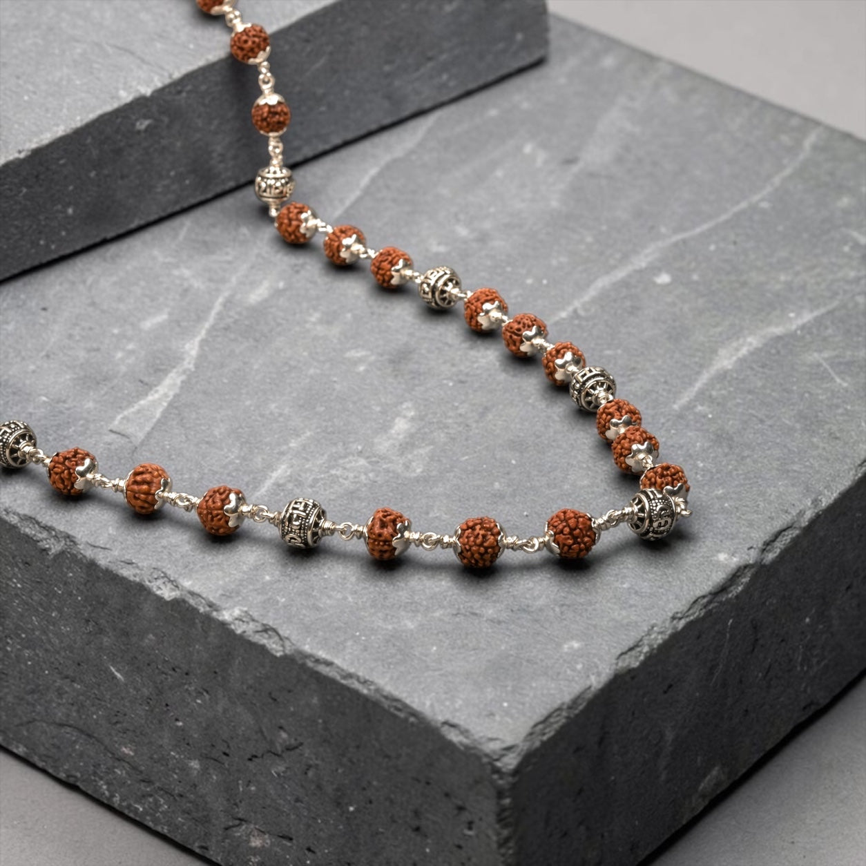 5 Mukhi Rudraksha beads with 925 silver mantra details