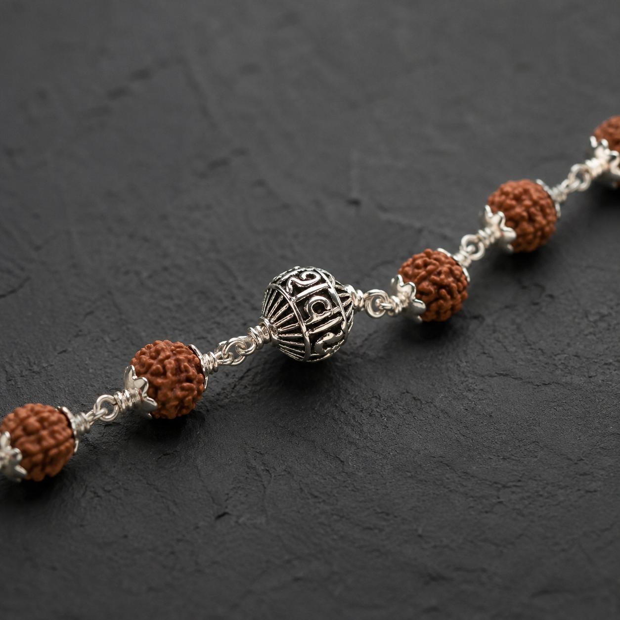 5 Mukhi Rudraksha Bracelet with Om Namah Shivaya Silver Beads