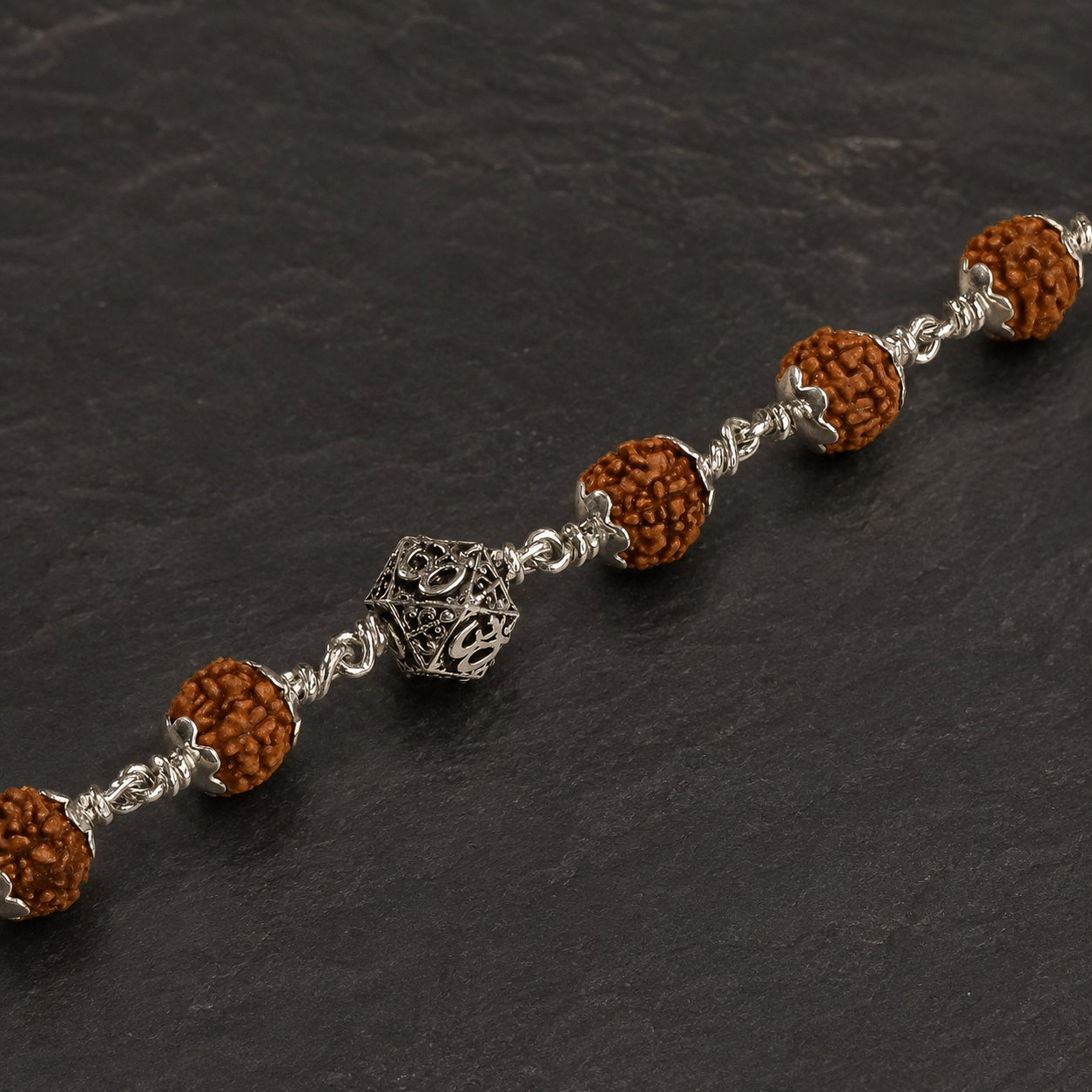 5 Mukhi Rudraksha Silver Om Bracelet | Divine Roopam