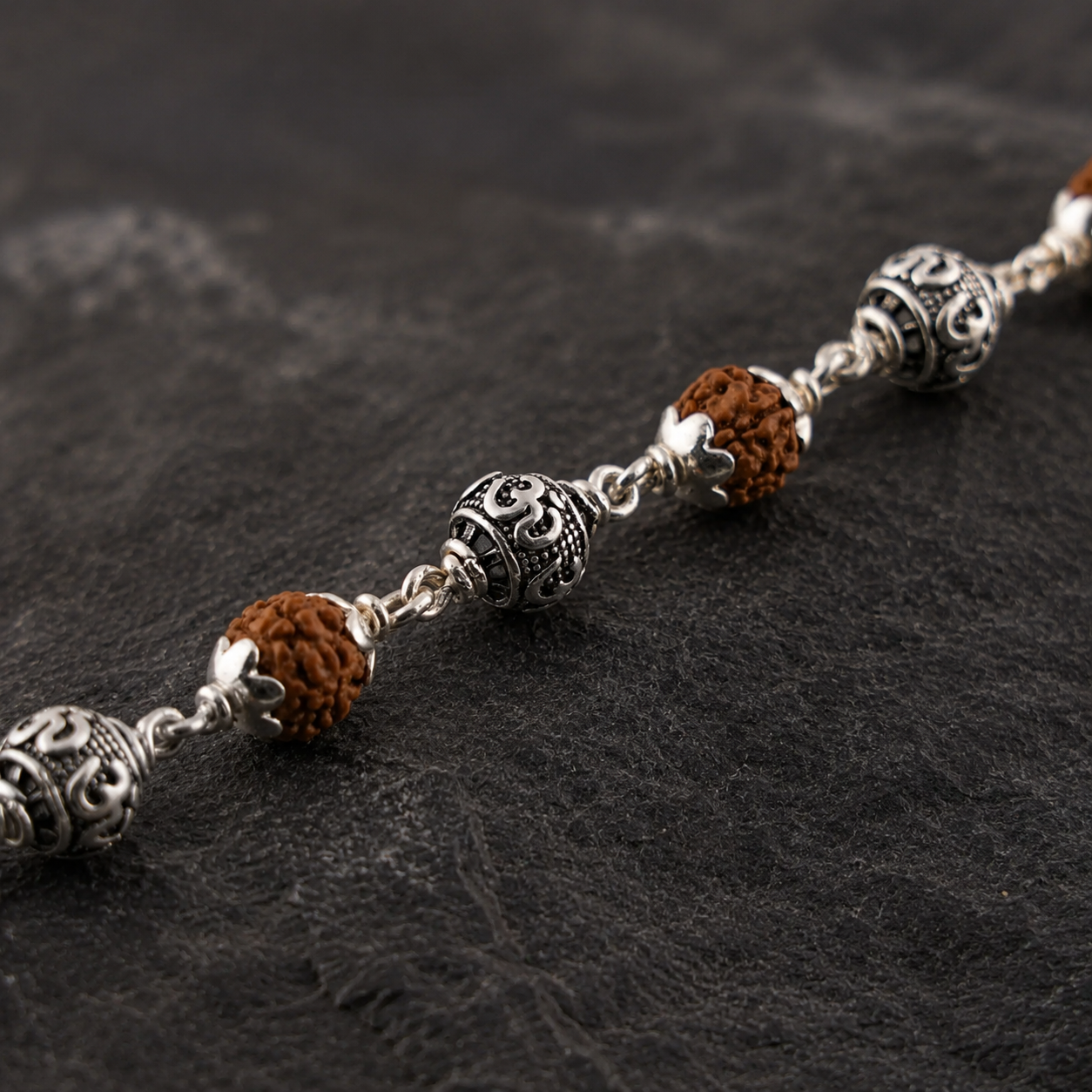 5 Mukhi Rudraksha Bracelet with 925 Silver Om Beads