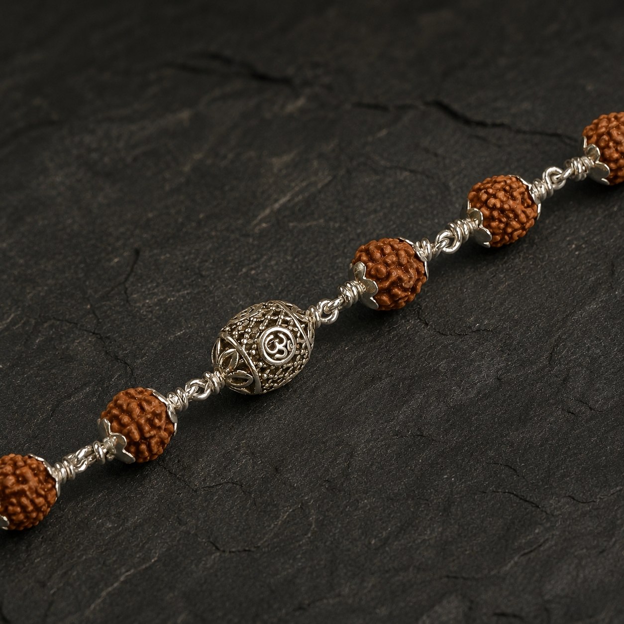 5 Mukhi Rudraksha Bracelet with 925 Silver Om Beads