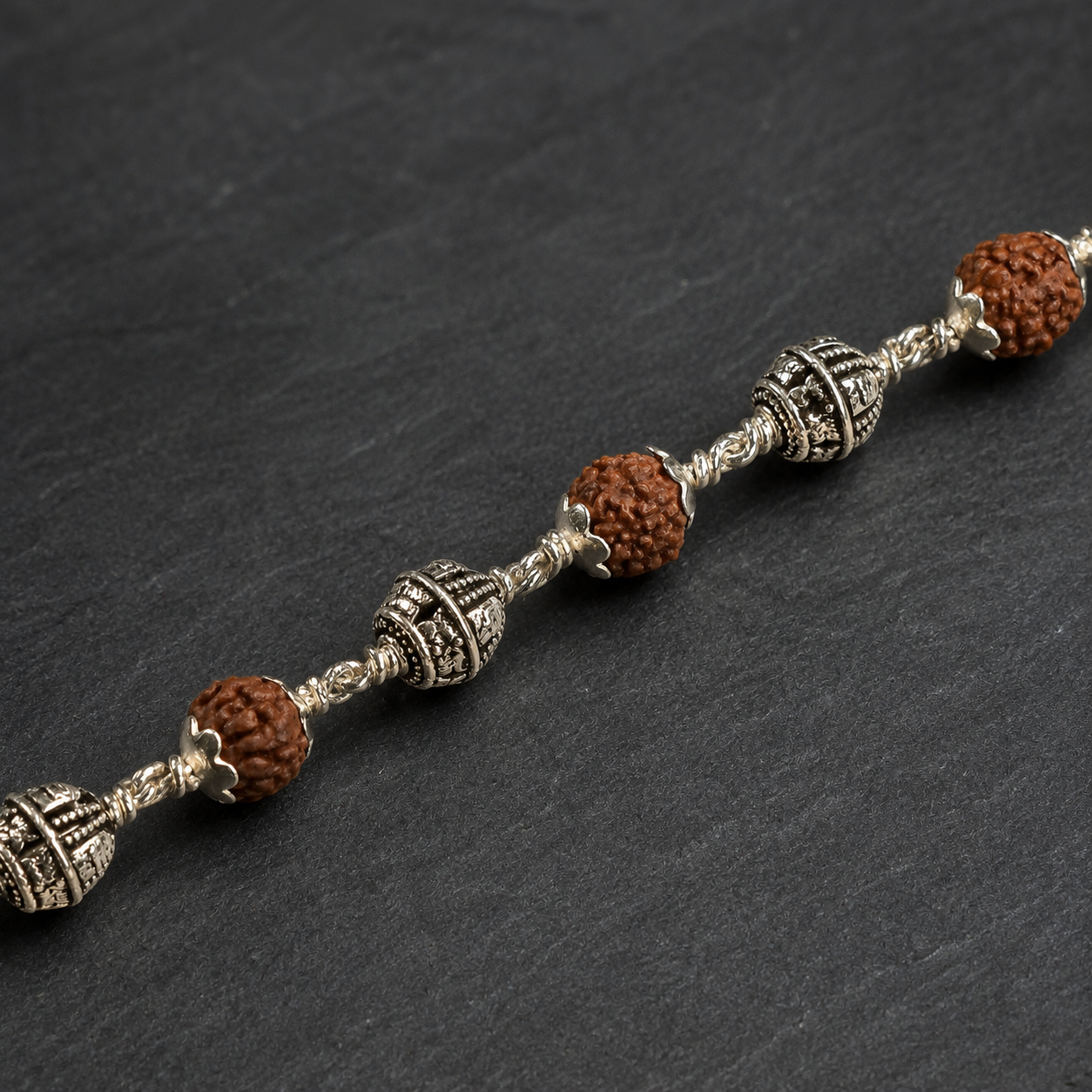 5 Mukhi Rudraksha Bracelet with Silver Shivling Beads