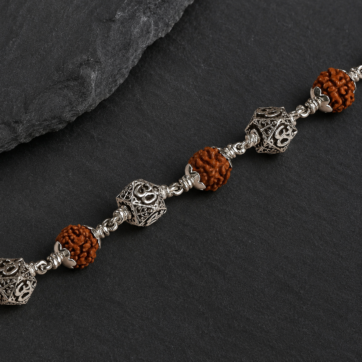 5 Mukhi Rudraksha Hexagon Om 925 Silver Bracelet