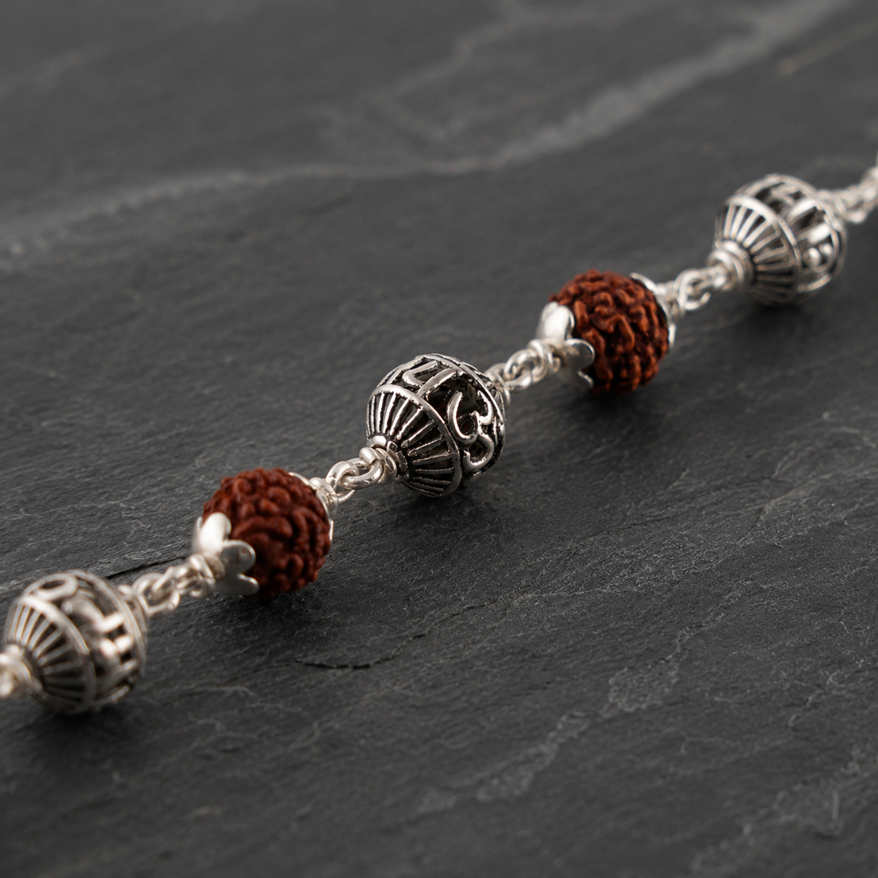 5 Mukhi Rudraksha Bracelet with Om Namah Shivaya 925 Silver Beads