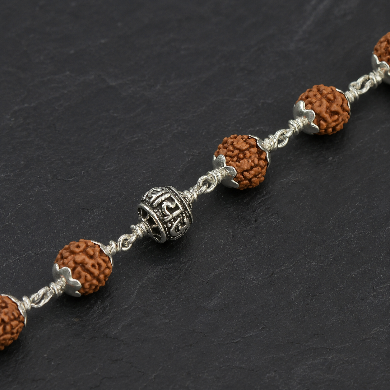 5 Mukhi Rudraksha Bracelet with Om Namah Shivaya Silver Beads