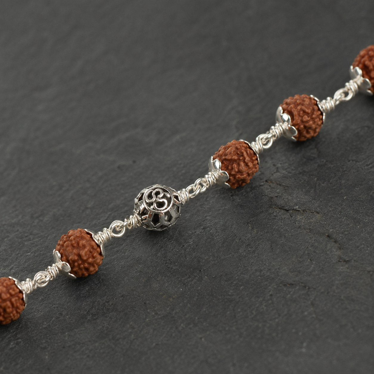 5 Mukhi Rudraksha Bracelet with Round Om Silver Beads