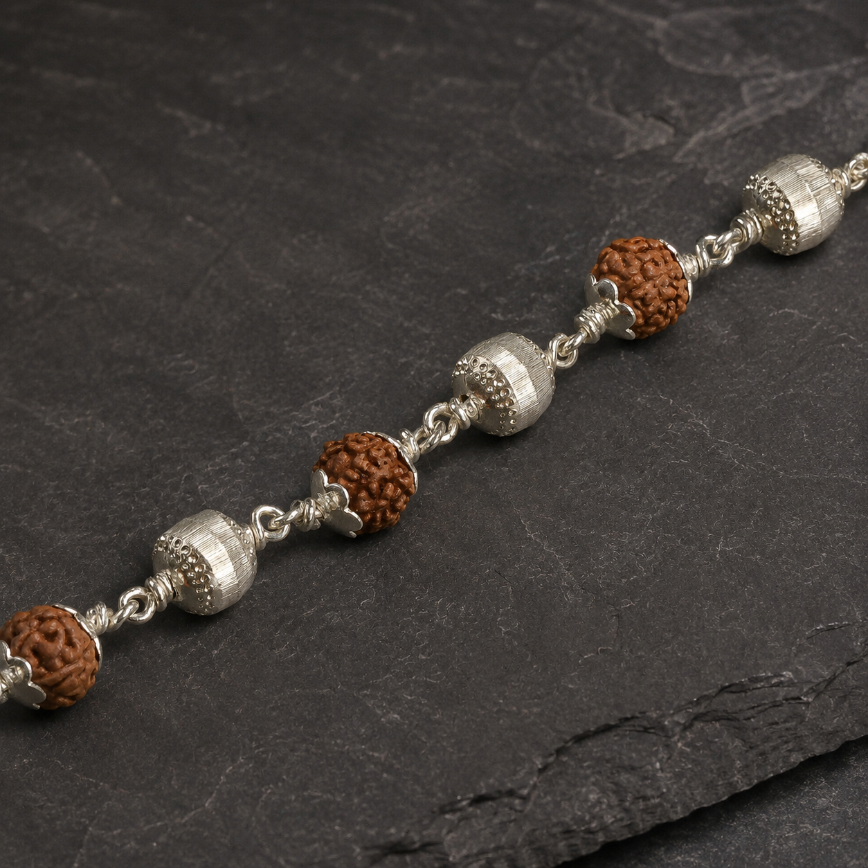 5 Mukhi Rudraksha Bracelet with Silver CNC Beads