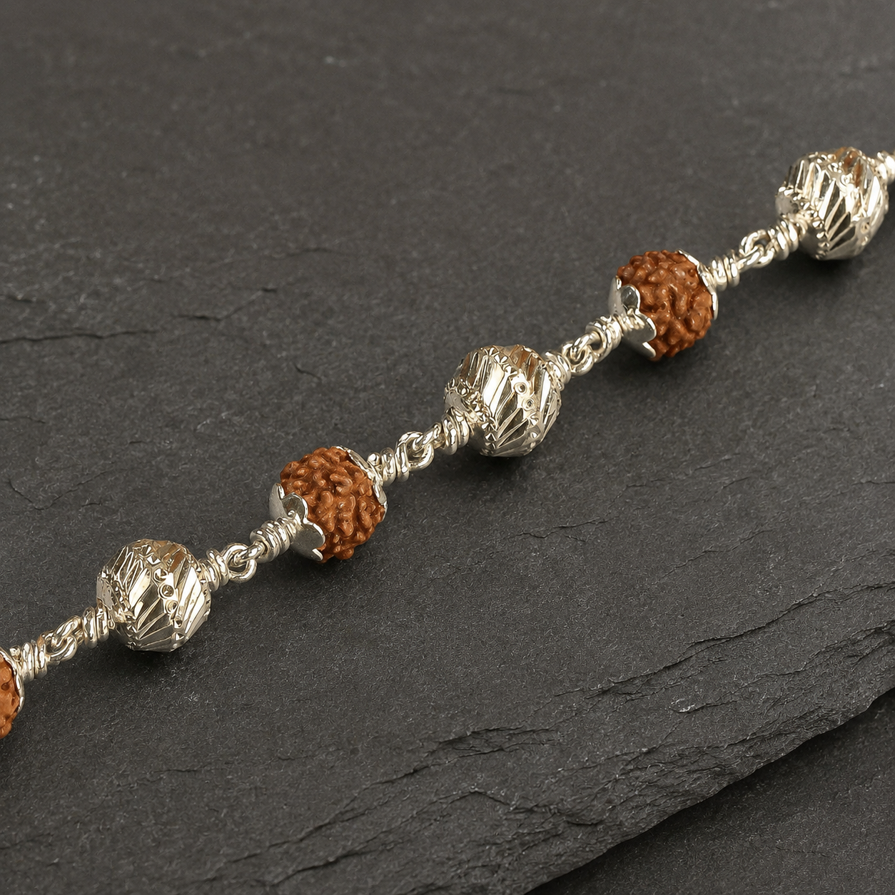 5 Mukhi Rudraksha Bracelet with 925 Silver CNC Beads