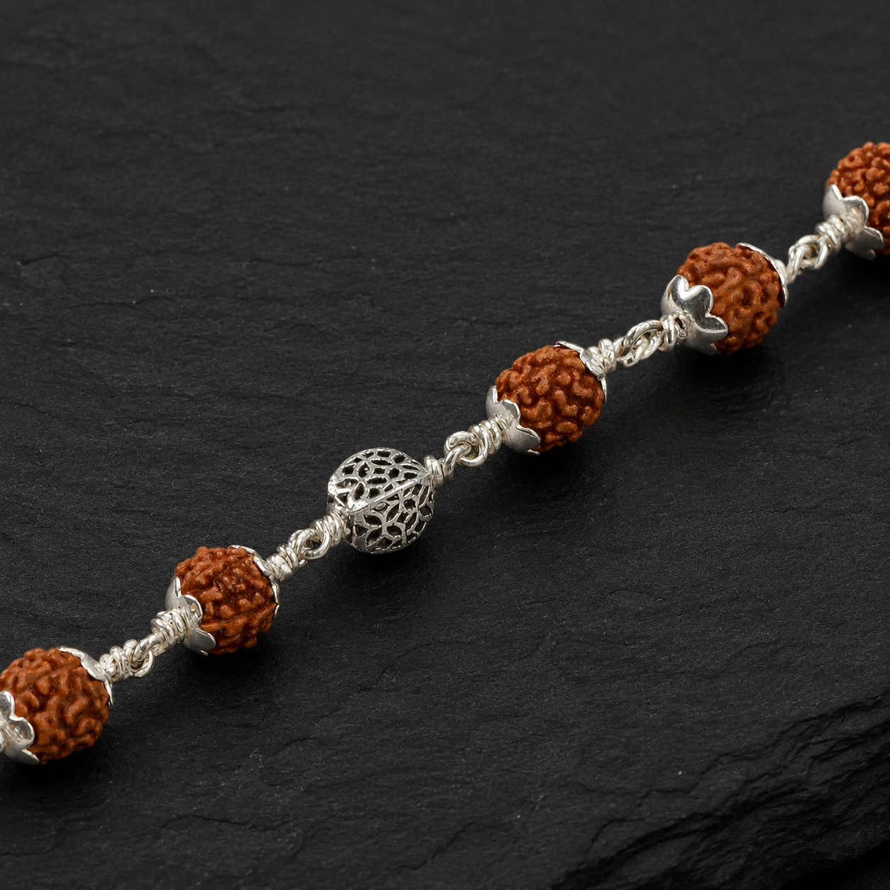 5 Mukhi Rudraksha Bracelet with Hollow Circular Silver Beads