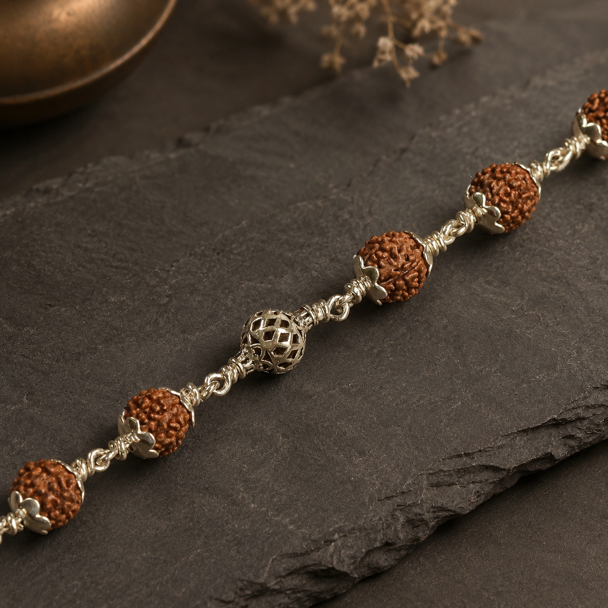 5 Mukhi Rudraksha Bracelet with Hollow Mesh Silver Beads