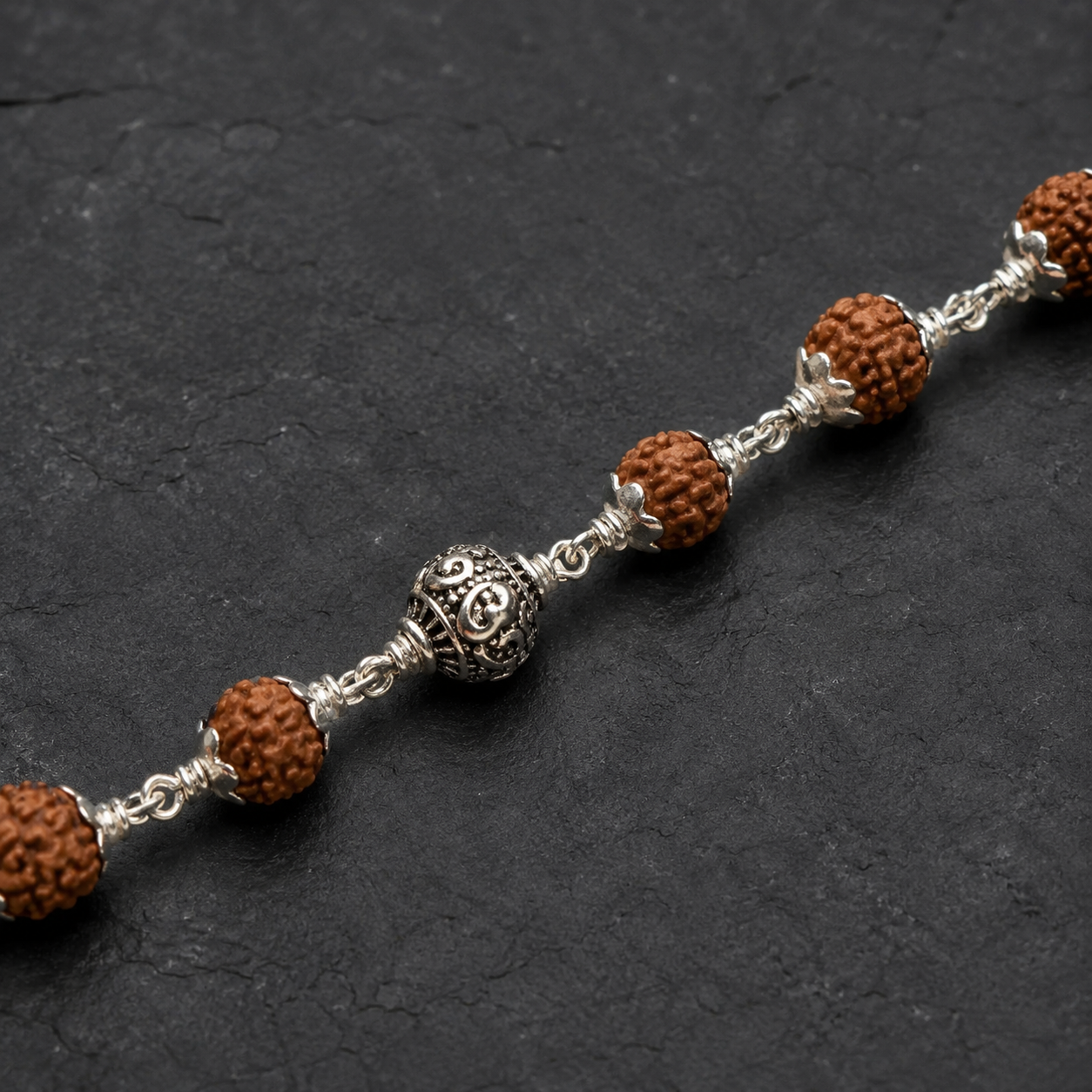5 Mukhi Rudraksha Om Beads 925 Silver Bracelet
