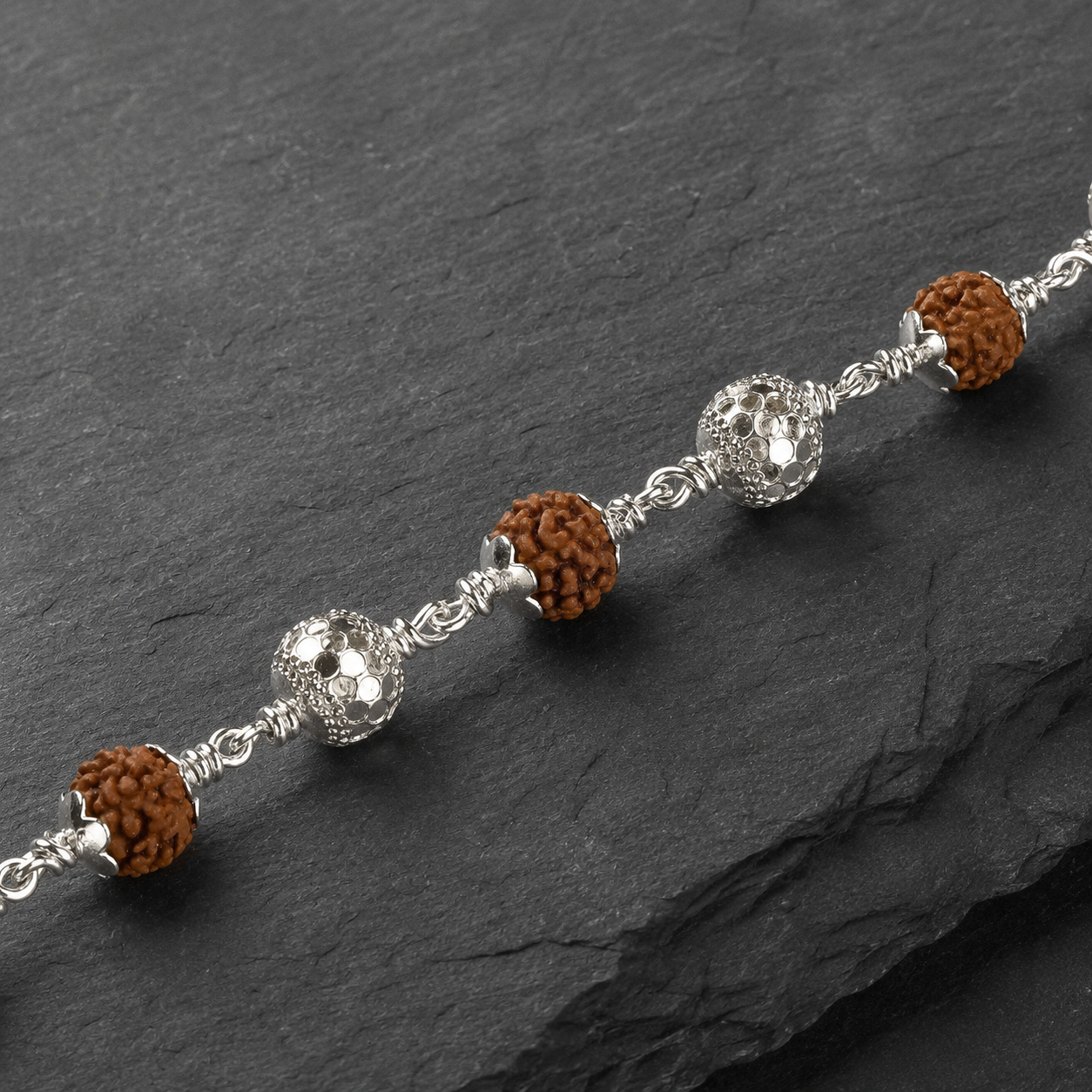 5 Mukhi Rudraksha Bracelet with Textured Silver Beads
