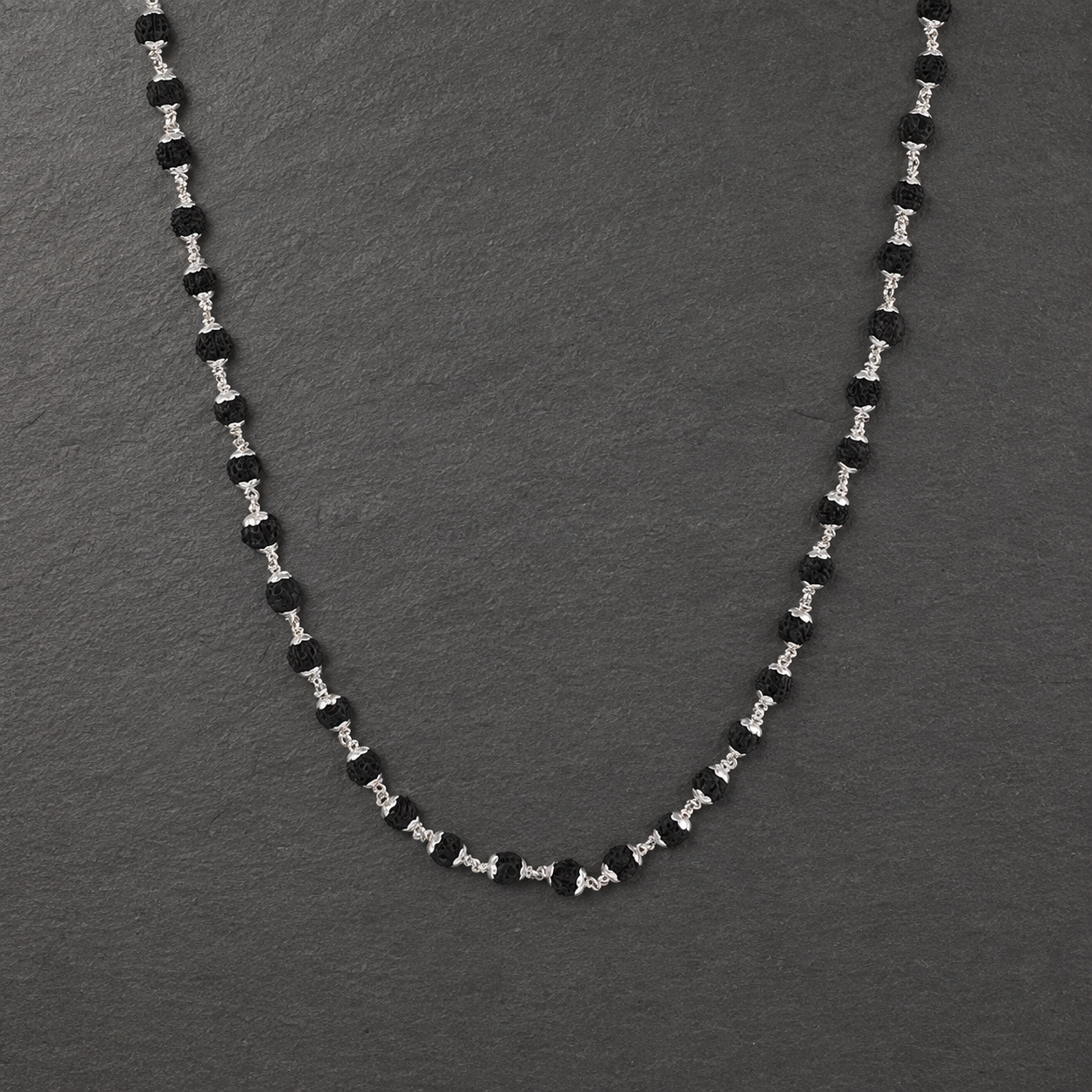 925 silver Black Rudraksha Mala craftsmanship angle view