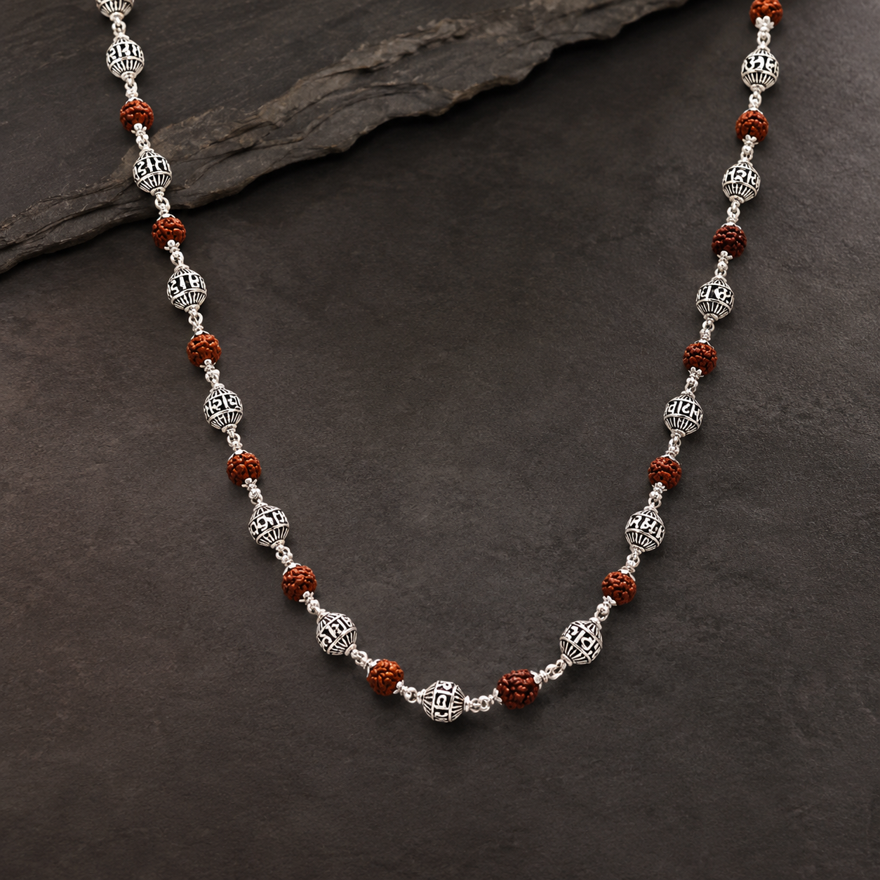 Shop a premium 5 Mukhi Rudraksha mala with engraved Om Namah 