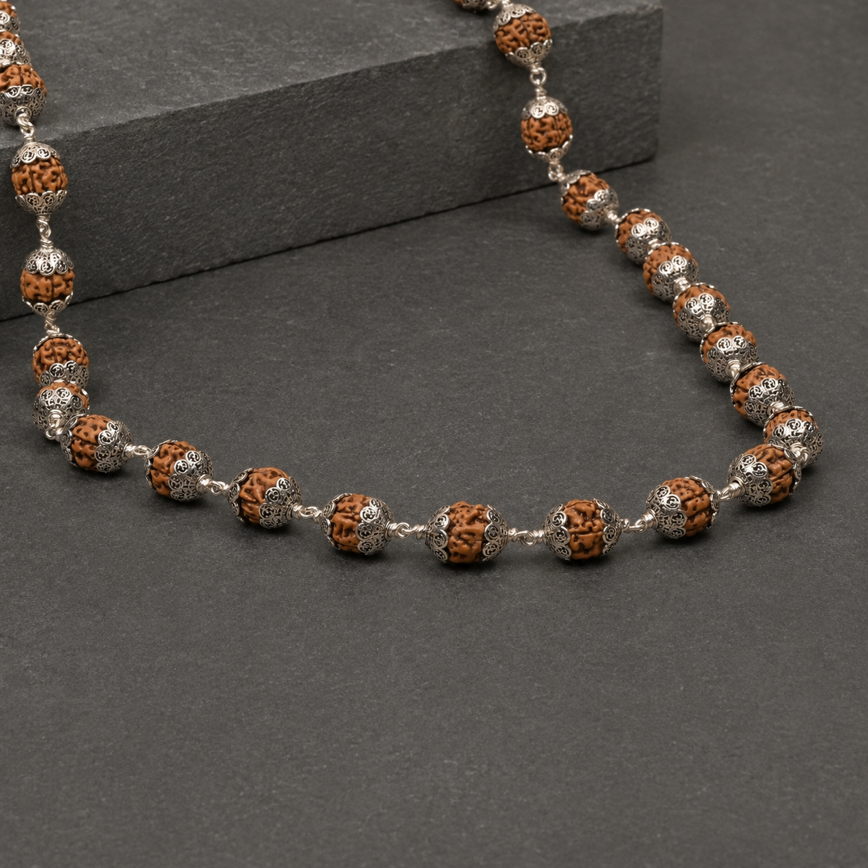 Premium 925 Silver Rudraksha Mala with Om Caps for Men