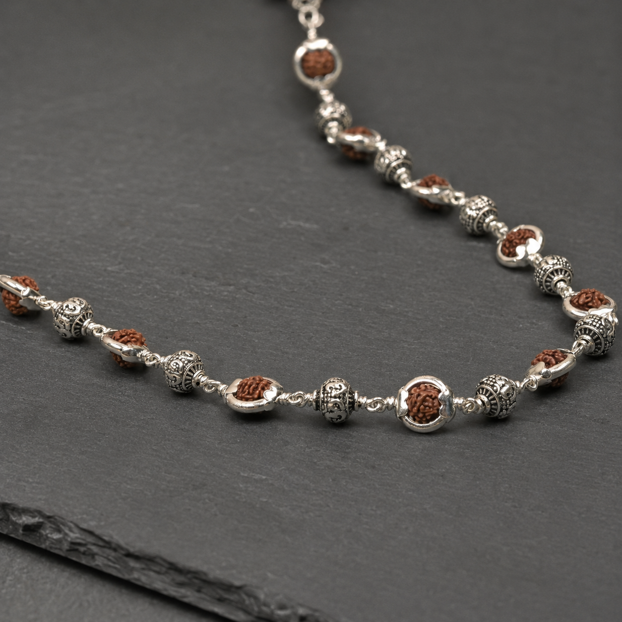 Premium 925 Silver Rudraksha Mala with Om Beads for Men