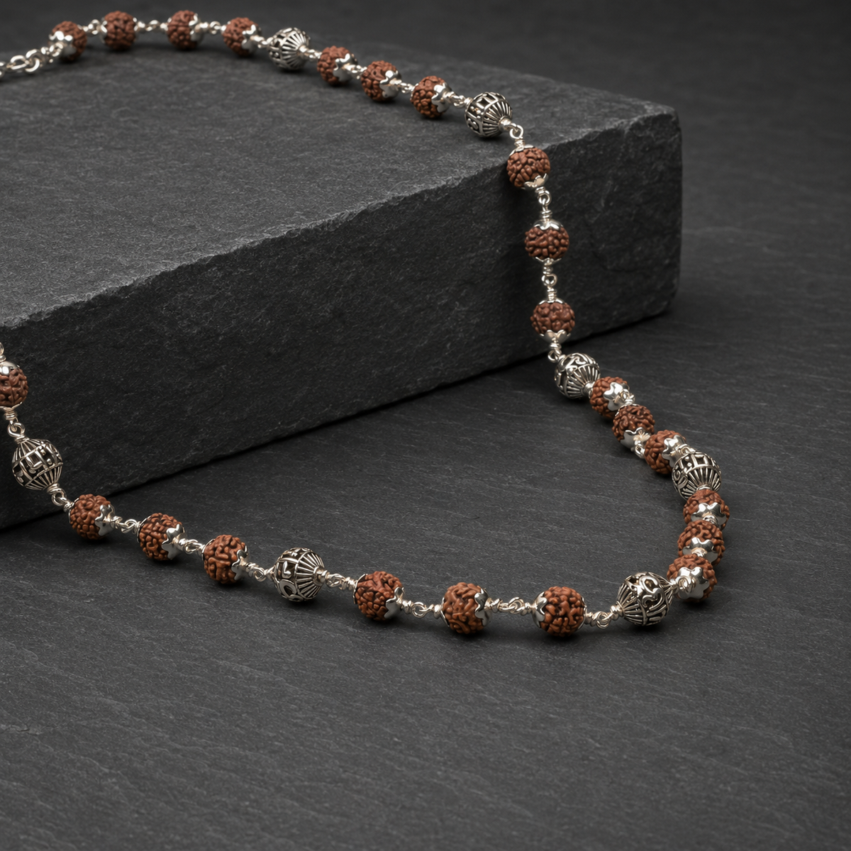 Antique 925 silver Om Namah Shivay beads and Rudraksha close-up