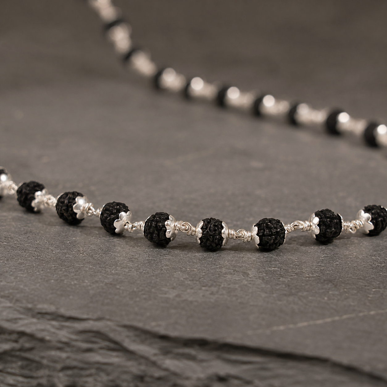 Black Rudraksha Mala in 925 Silver | 5 Mukhi Beads
