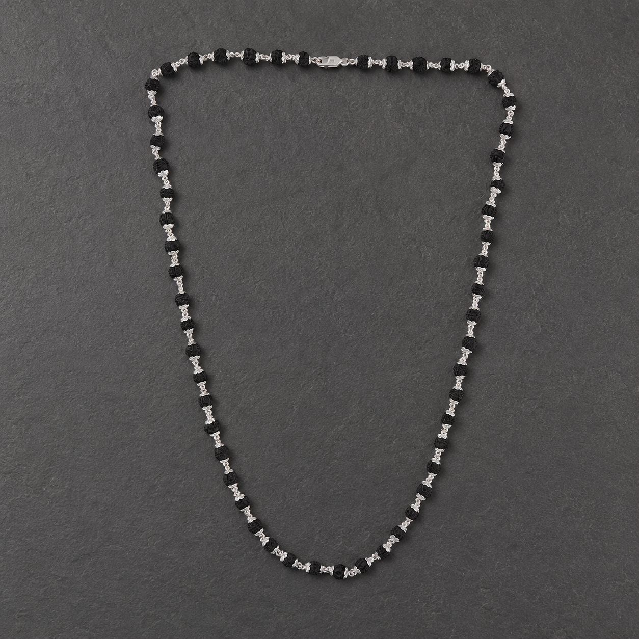Black Rudraksha Mala with 925 silver styled for daily wear