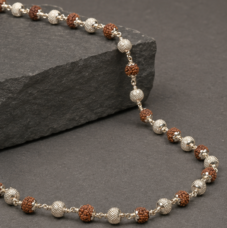 Rudraksha Mala with 925 Silver CNC Beads | 5 Mukhi