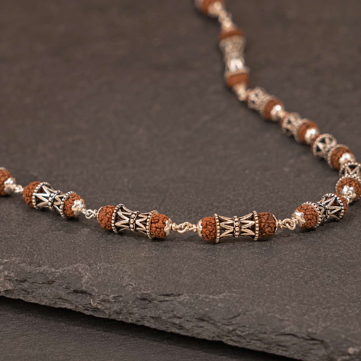 Brown 5 Mukhi Rudraksha Mala with 925 silver Damru beads