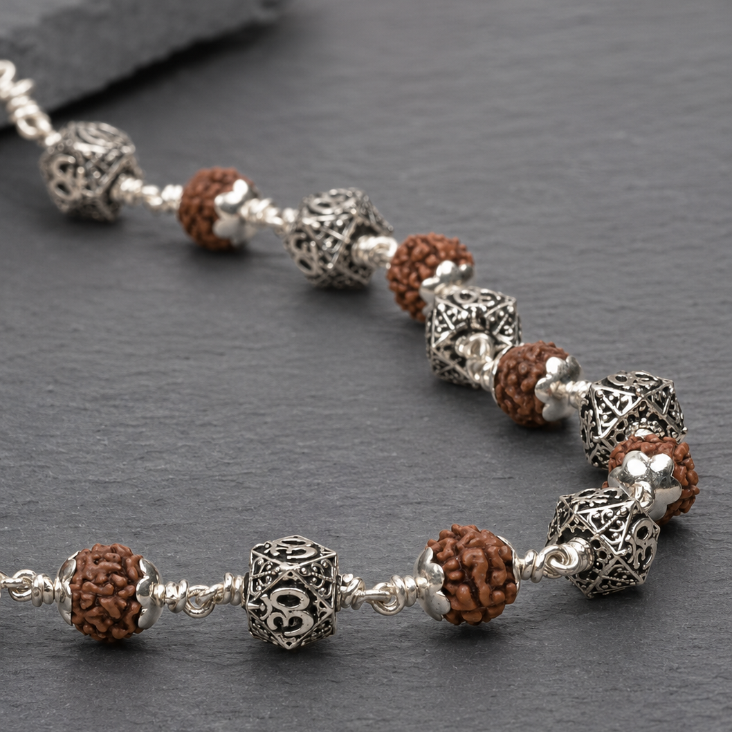 5 Mukhi Rudraksha Mala with 925 Silver Hexagon Om Beads
