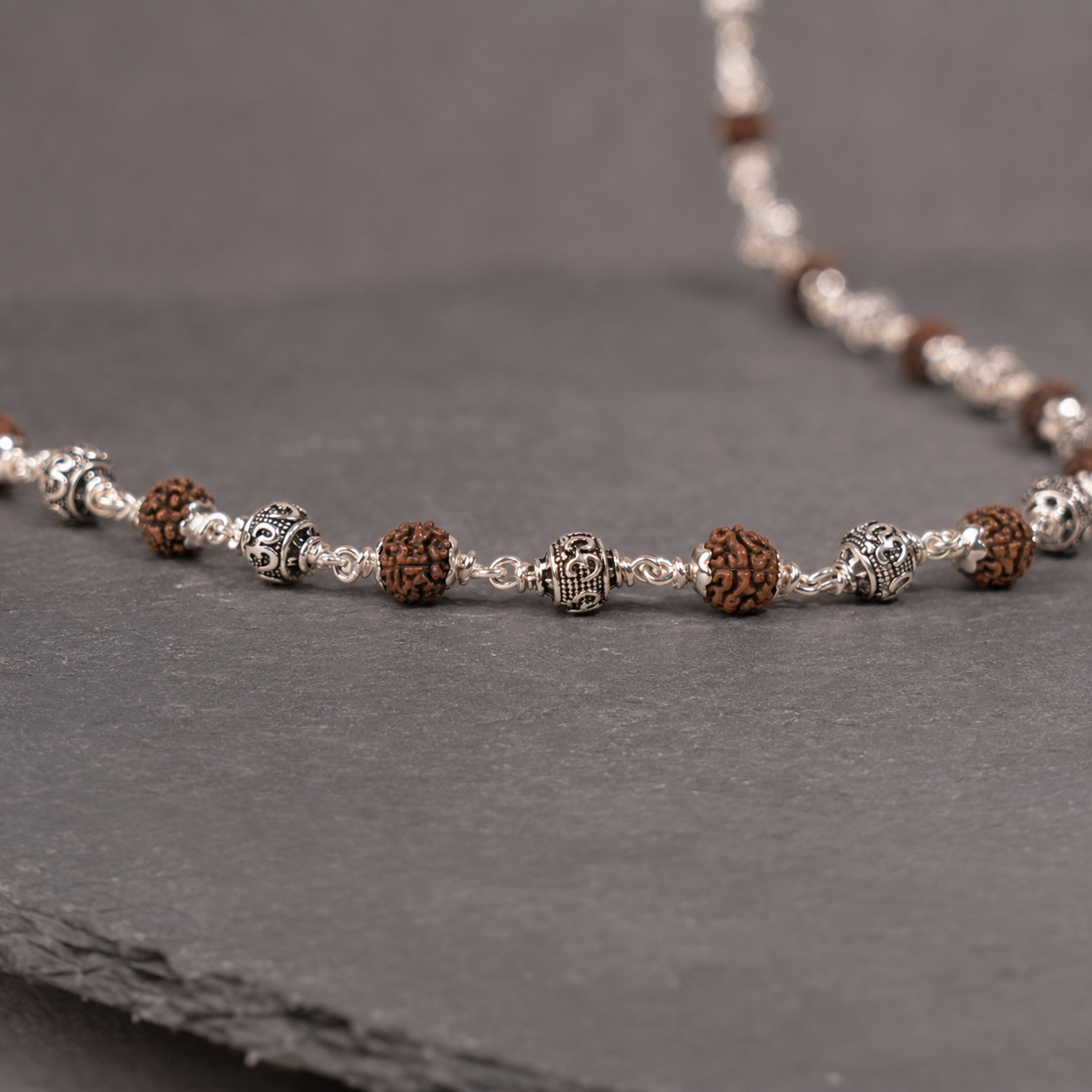 Brown 5 Mukhi Rudraksha Mala with 925 silver Om beads