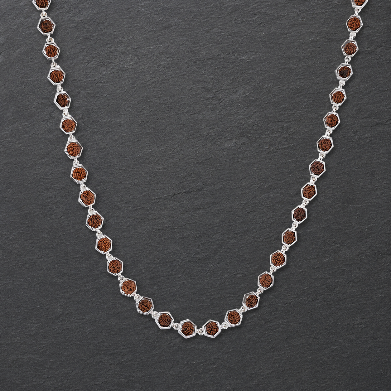Rudraksha Mala with 925 Silver Hexagon Rings | 5 Mukhi
