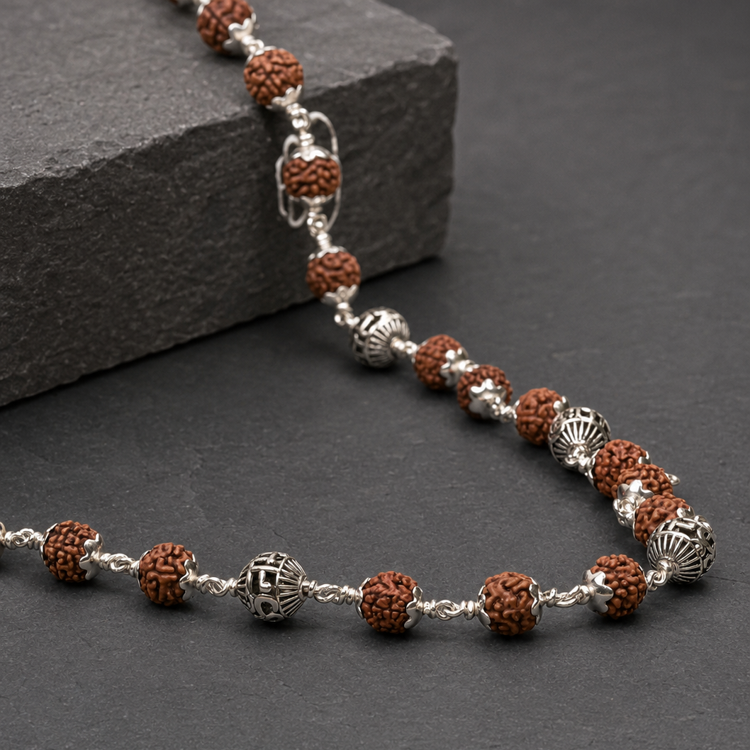 Om Namah Shivay Rudraksha Mala in 925 Silver | 5 Mukhi