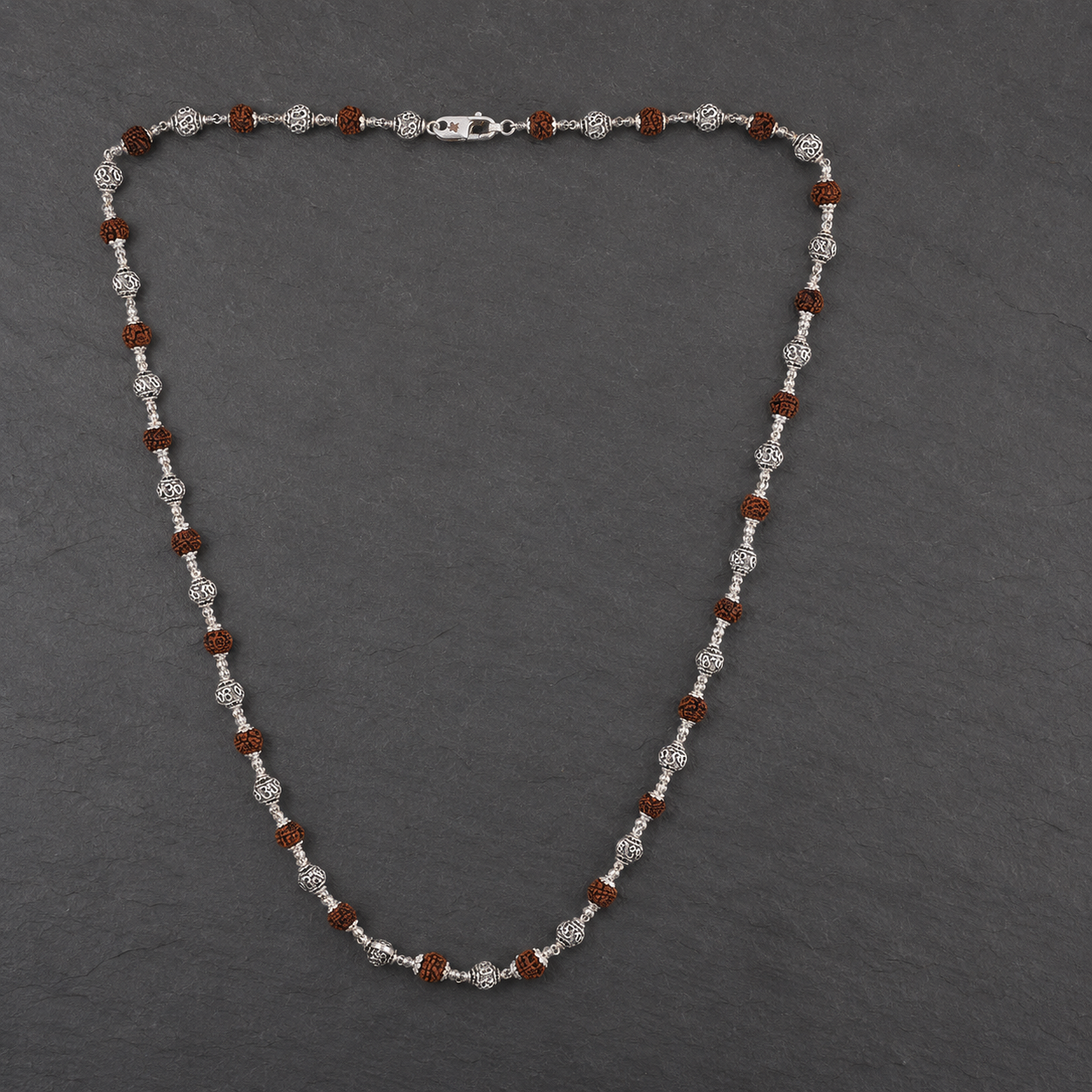 Brown Rudraksha Om Mala with 925 silver model view