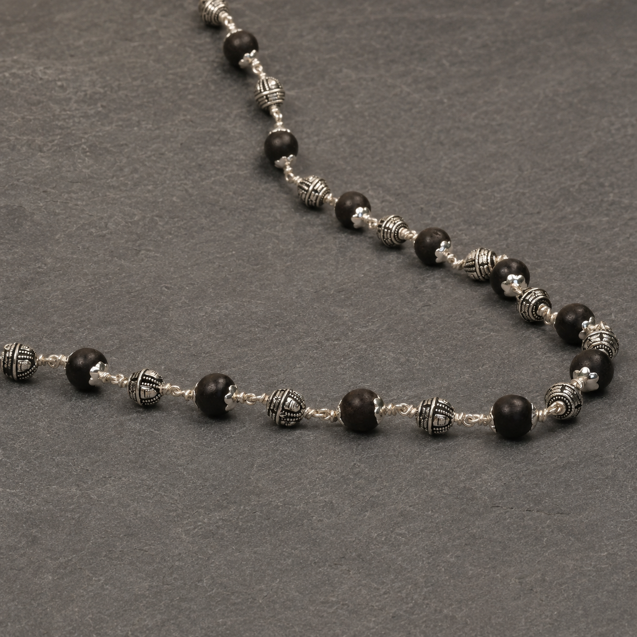 Karungali Shivling Beads Mala in 925 Silver
