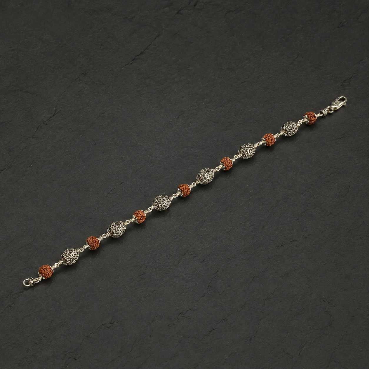 5 Mukhi Rudraksha Bracelet with 925 Silver Om Beads