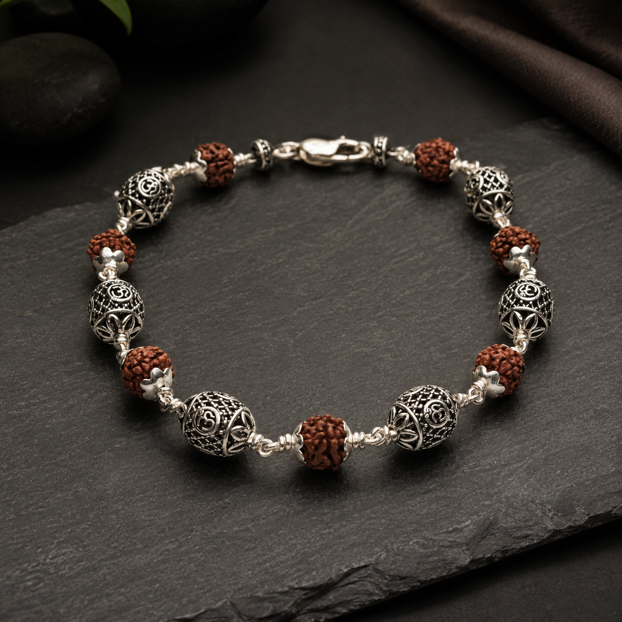 5 Mukhi Rudraksha Bracelet with 925 Silver Om Beads