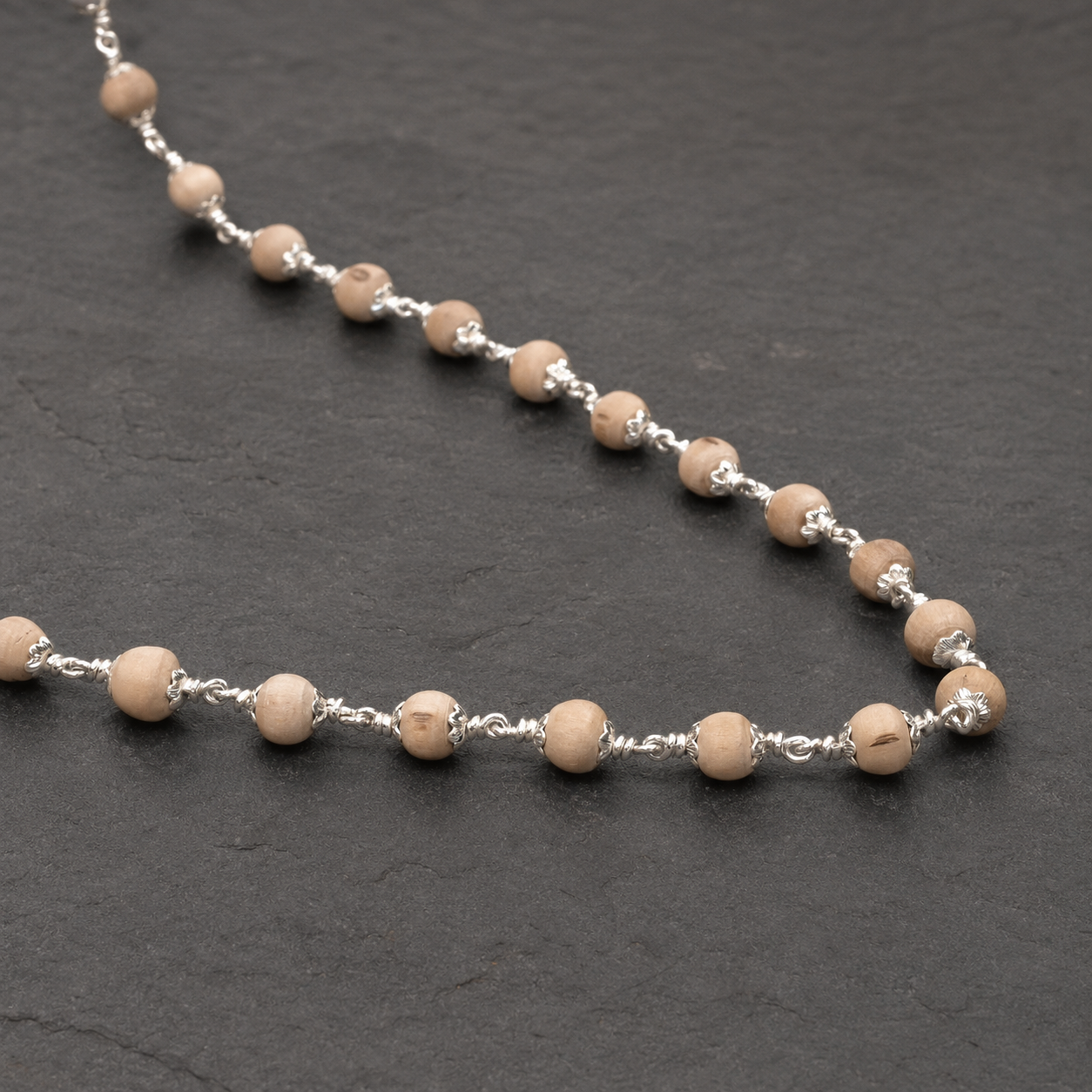 Close-up of Tulsi beads and 925 sterling silver details