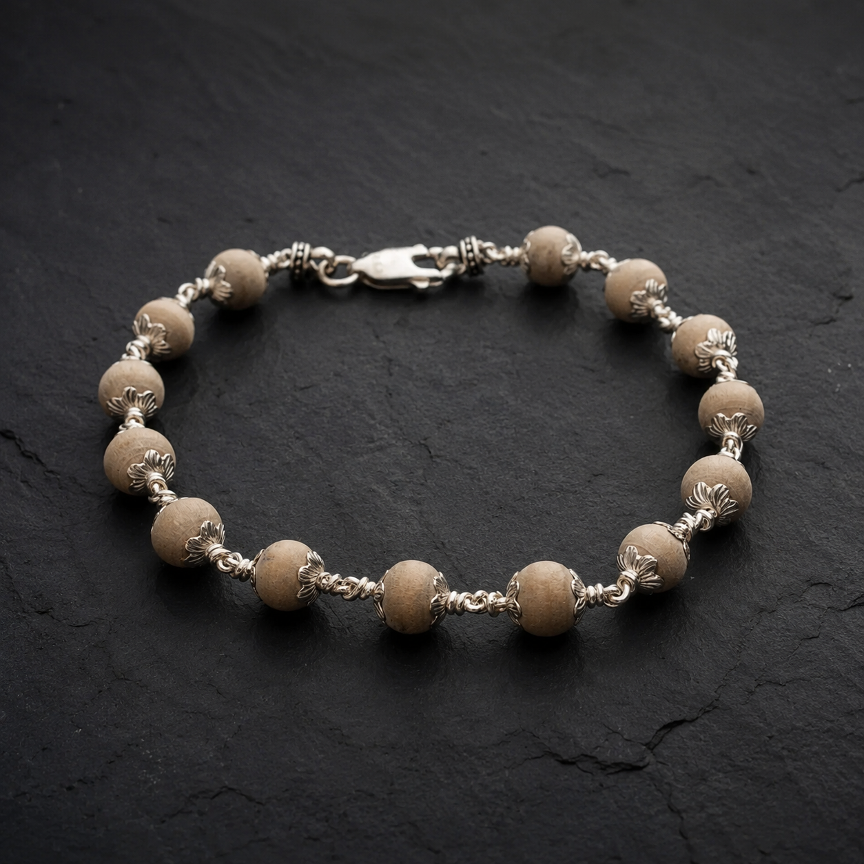 Close-up of natural Tulsi beads with sterling silver detailing