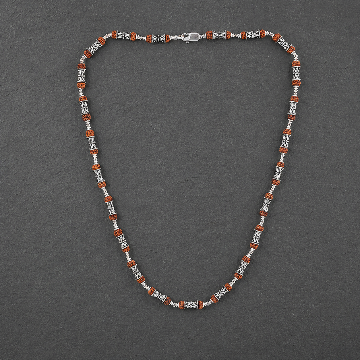 Full-length 24-inch Rudraksha Mala with 925 silver Damru beads