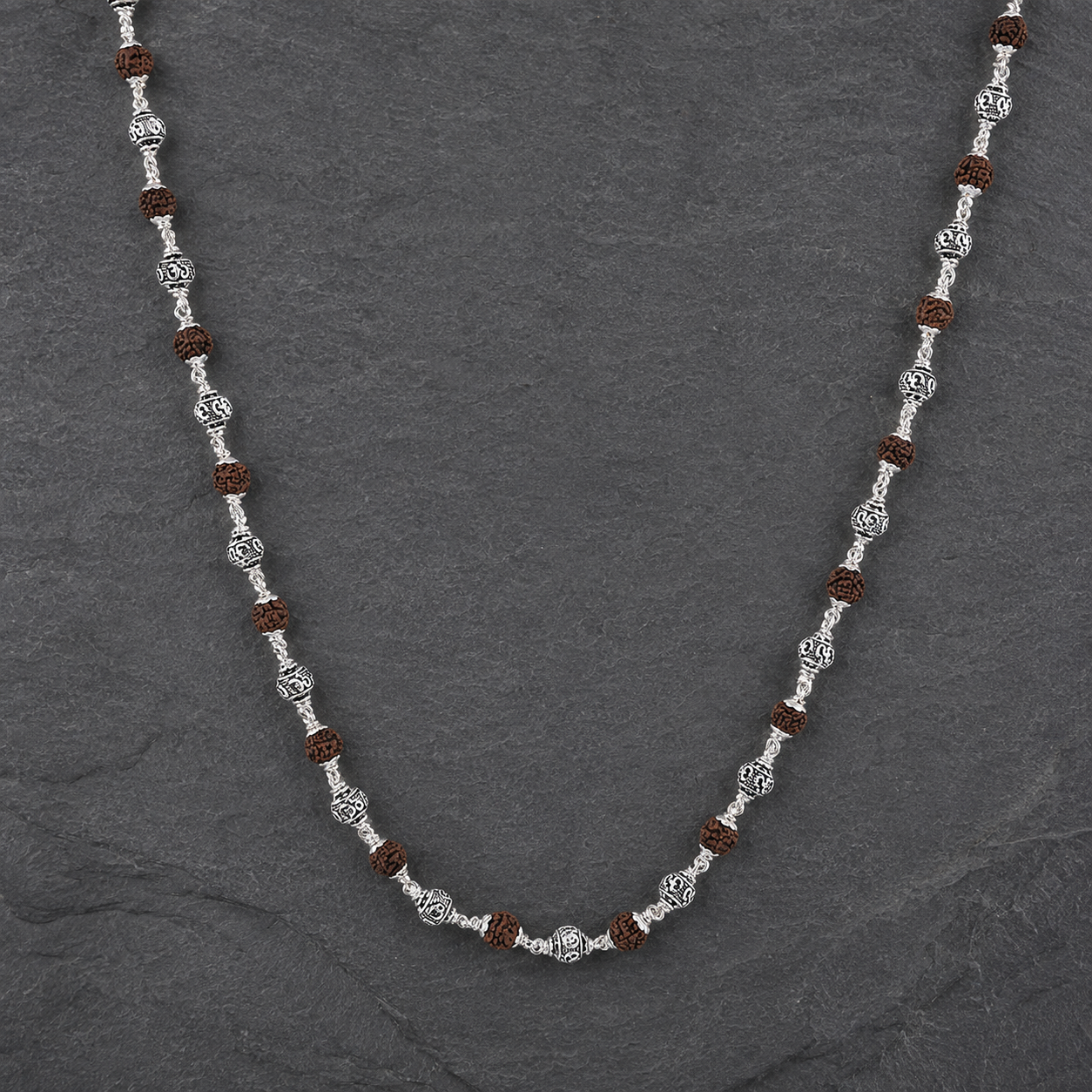 Rudraksha Mala with 925 Silver Om Beads | 5 Mukhi Beads