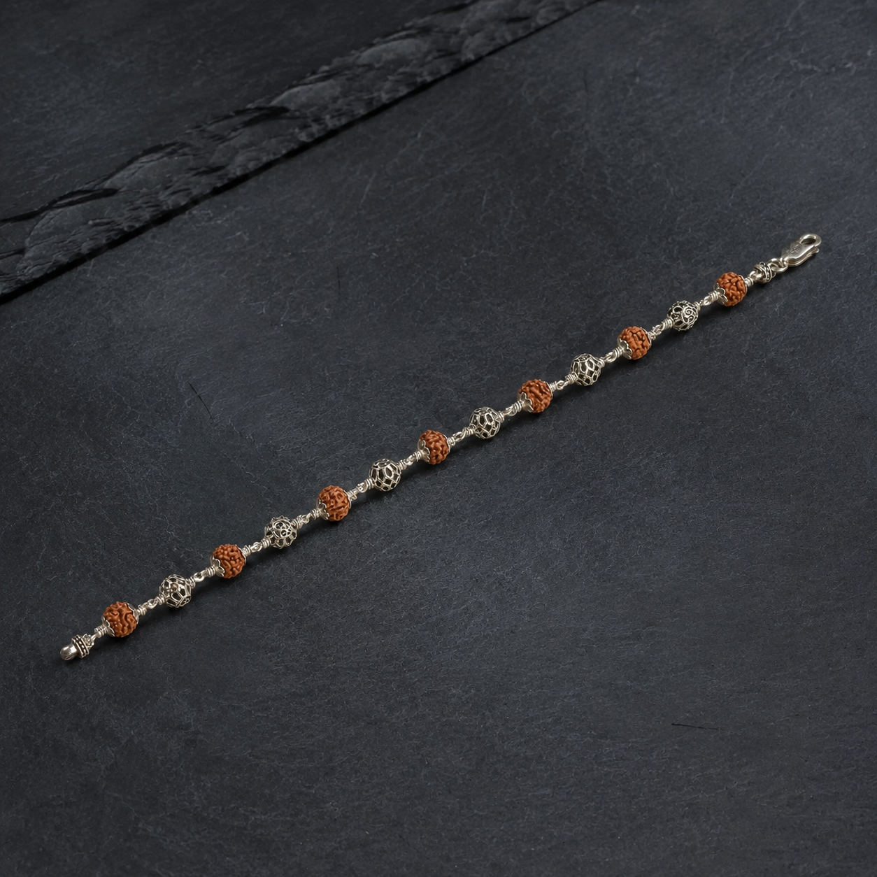 Full view of Rudraksha and Round Om silver bead bracelet